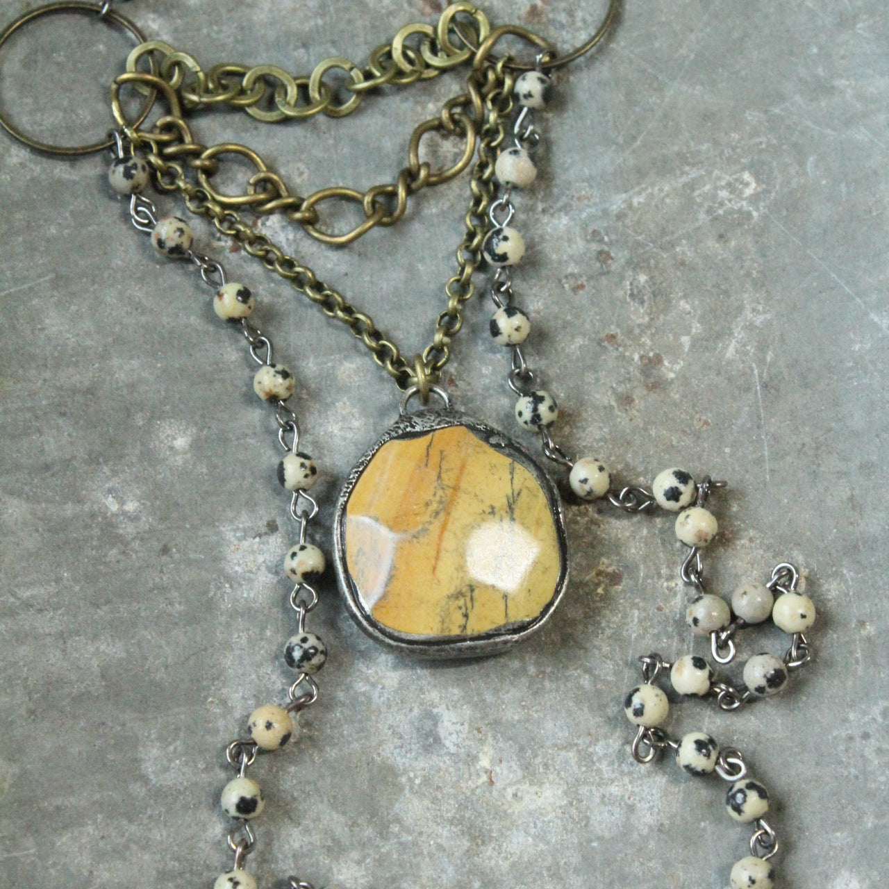 Dalmatian Jasper Rosary Stone Layered Pendant Necklace