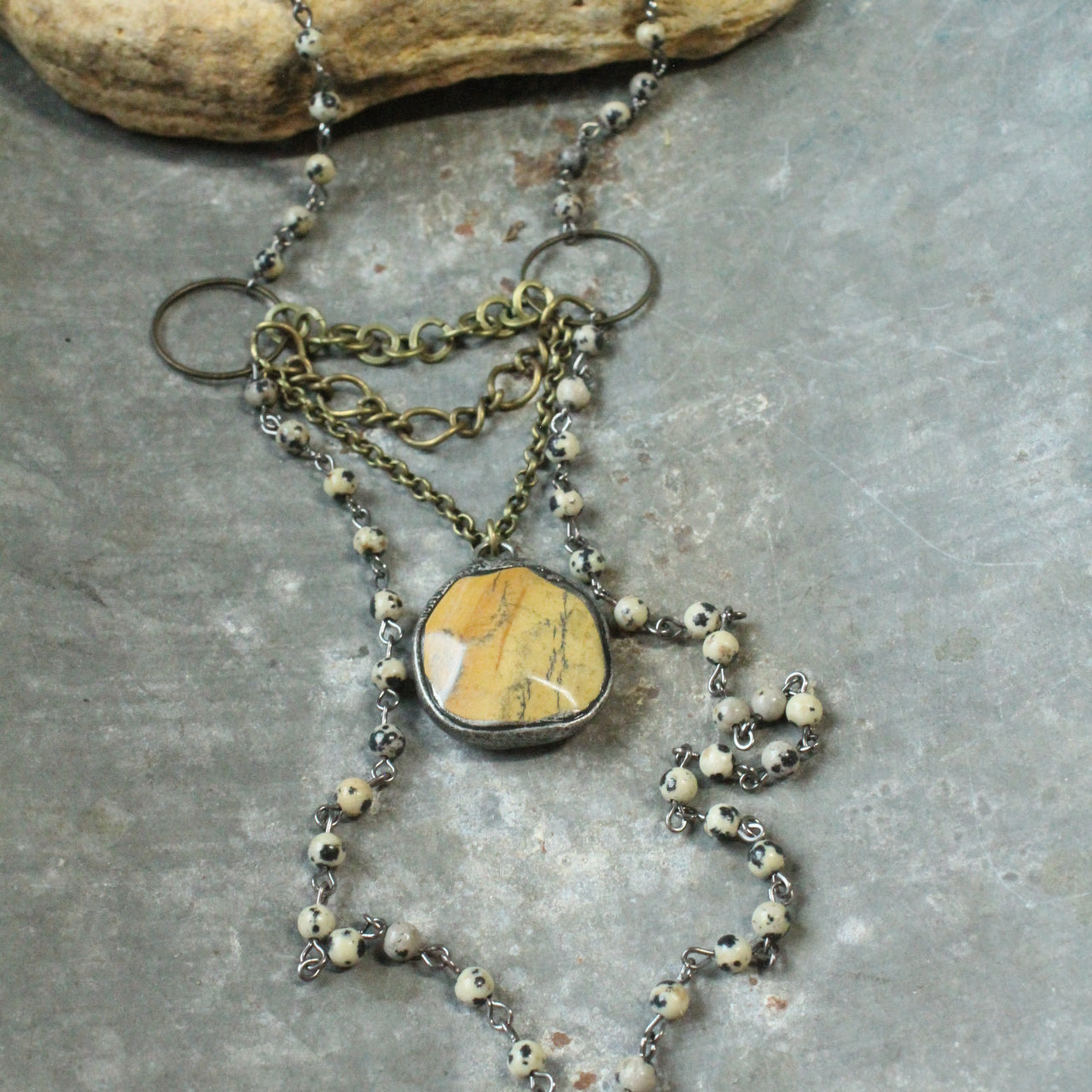 Dalmatian Jasper Rosary Stone Layered Pendant Necklace