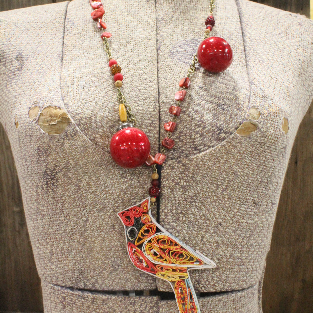Vintage Recycled Cardinal Charming Necklace