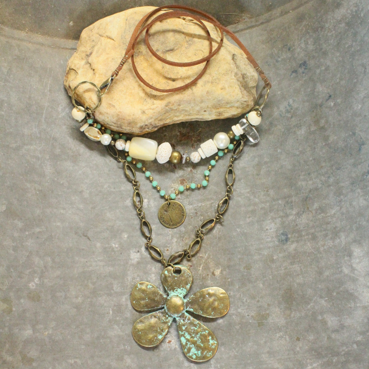 Three Wishes Stone Layered Flower Pendant Necklace