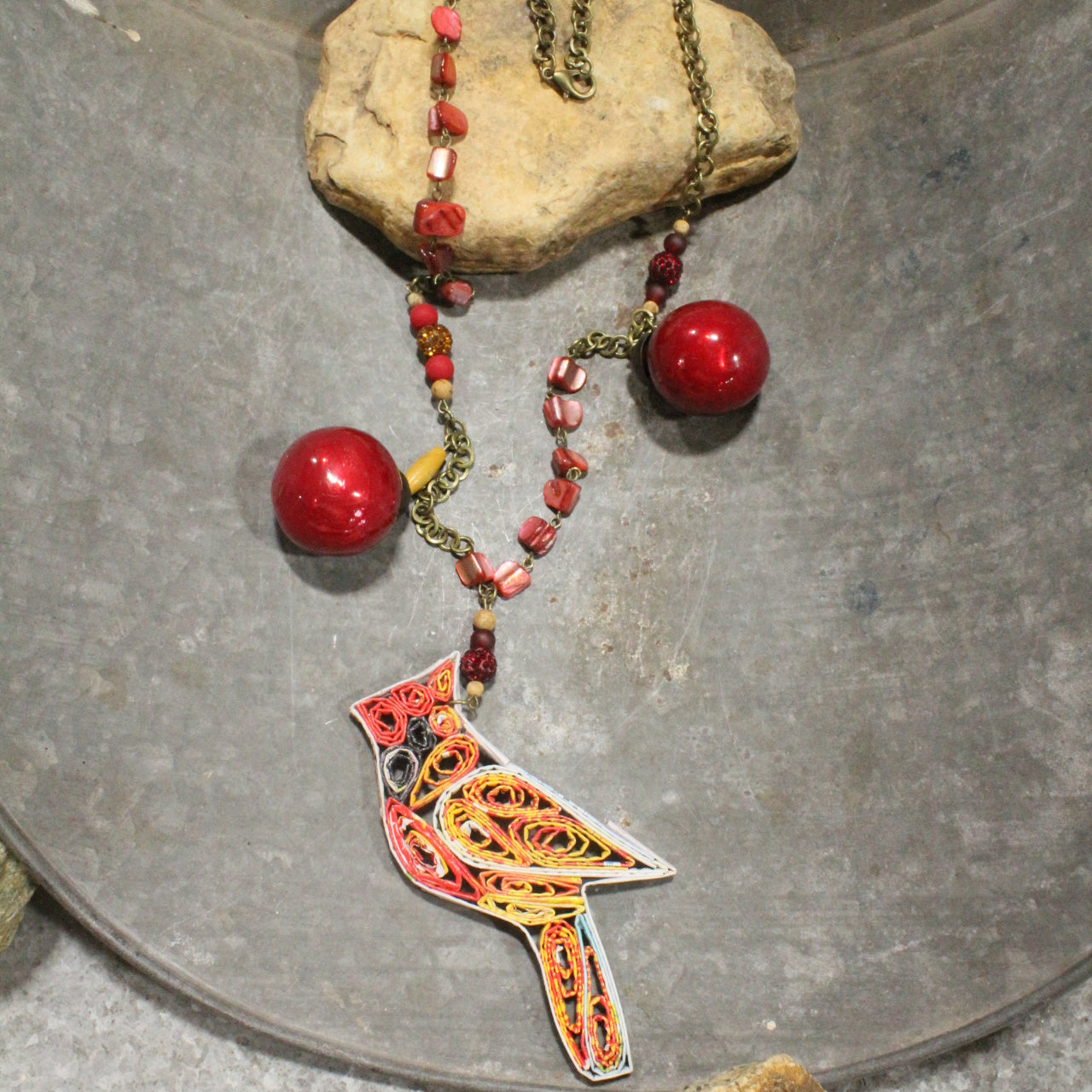 Vintage Recycled Cardinal Charming Necklace
