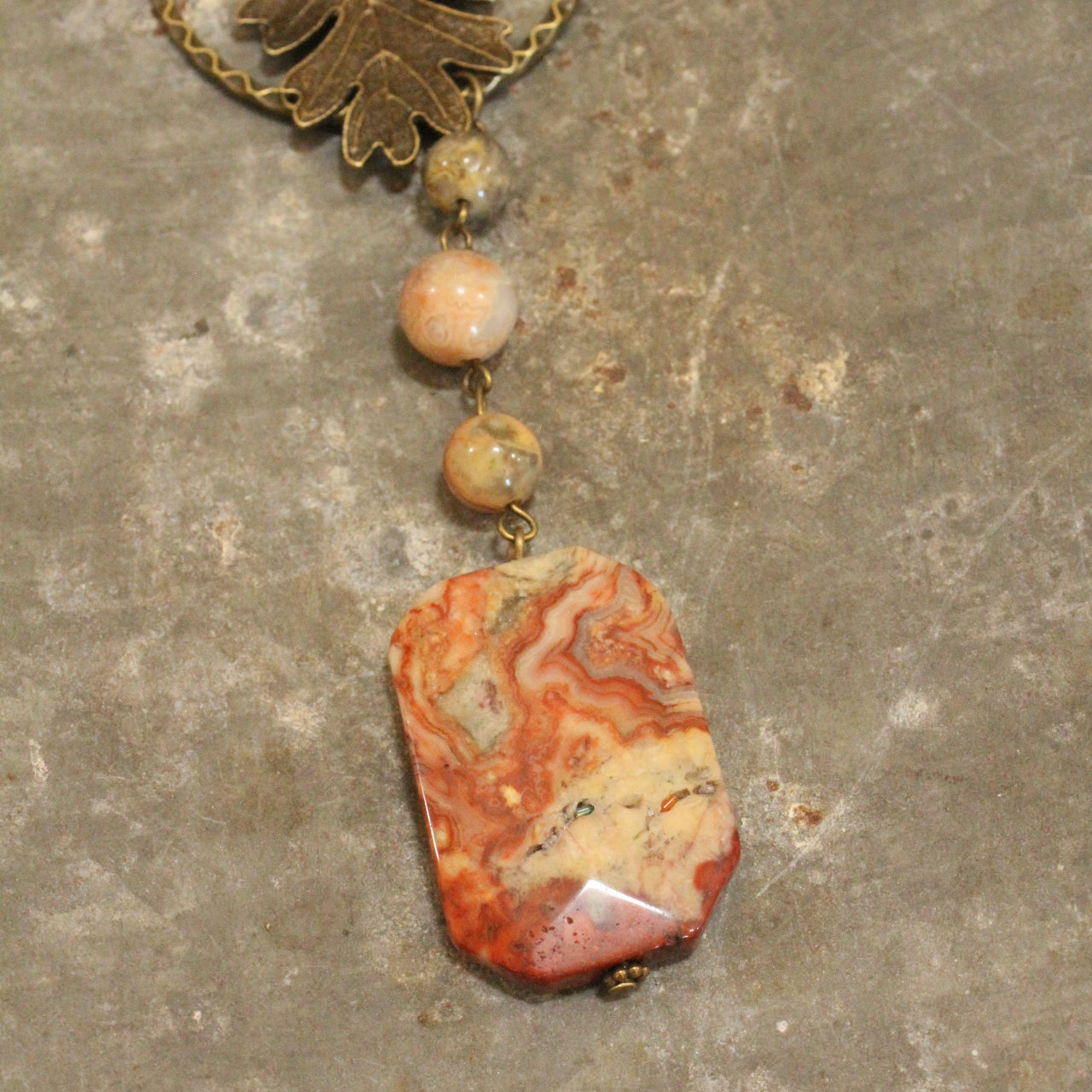 Rusty Agate Rosary Chain Fall Leaf Pendant Drop Necklace