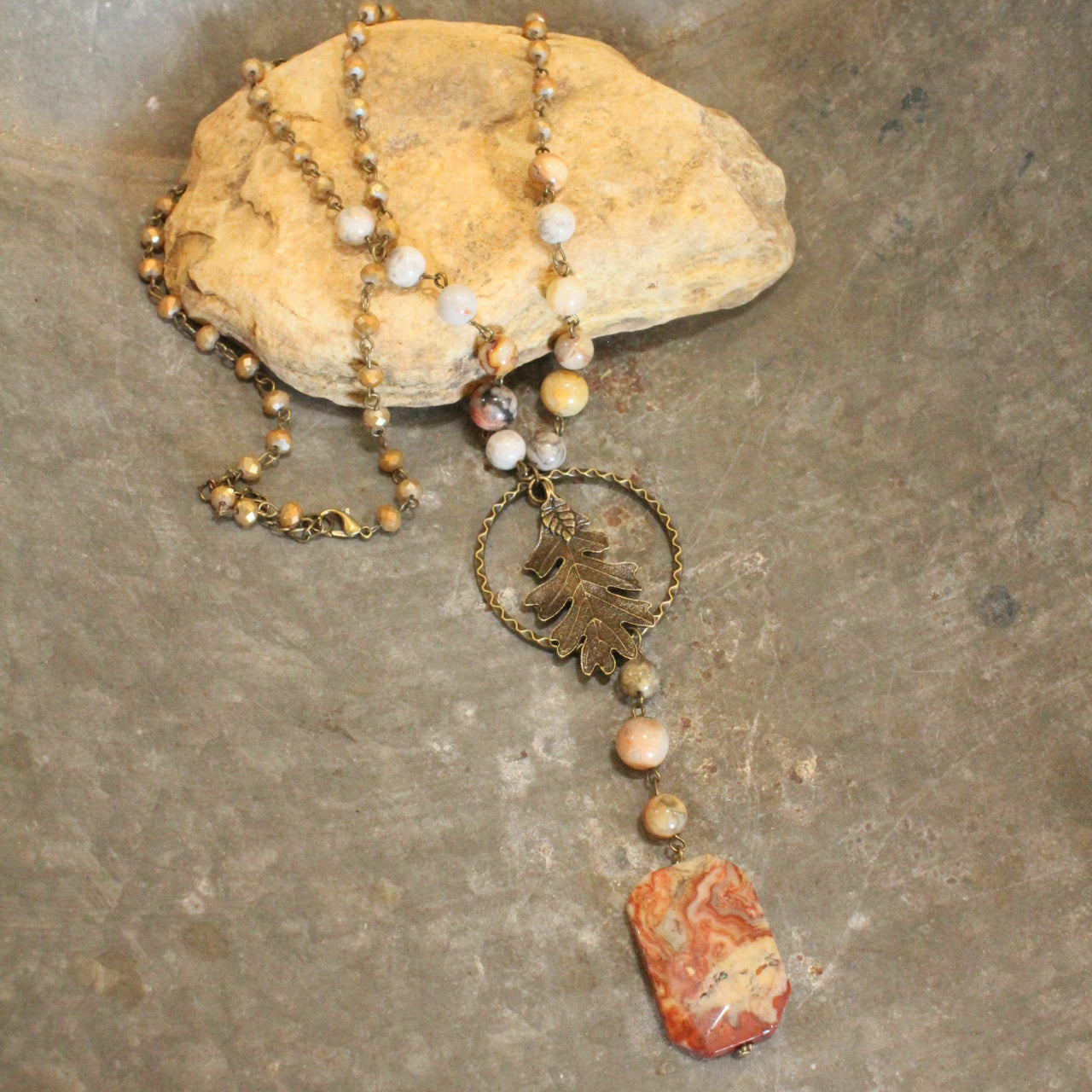 Rusty Agate Rosary Chain Fall Leaf Pendant Drop Necklace