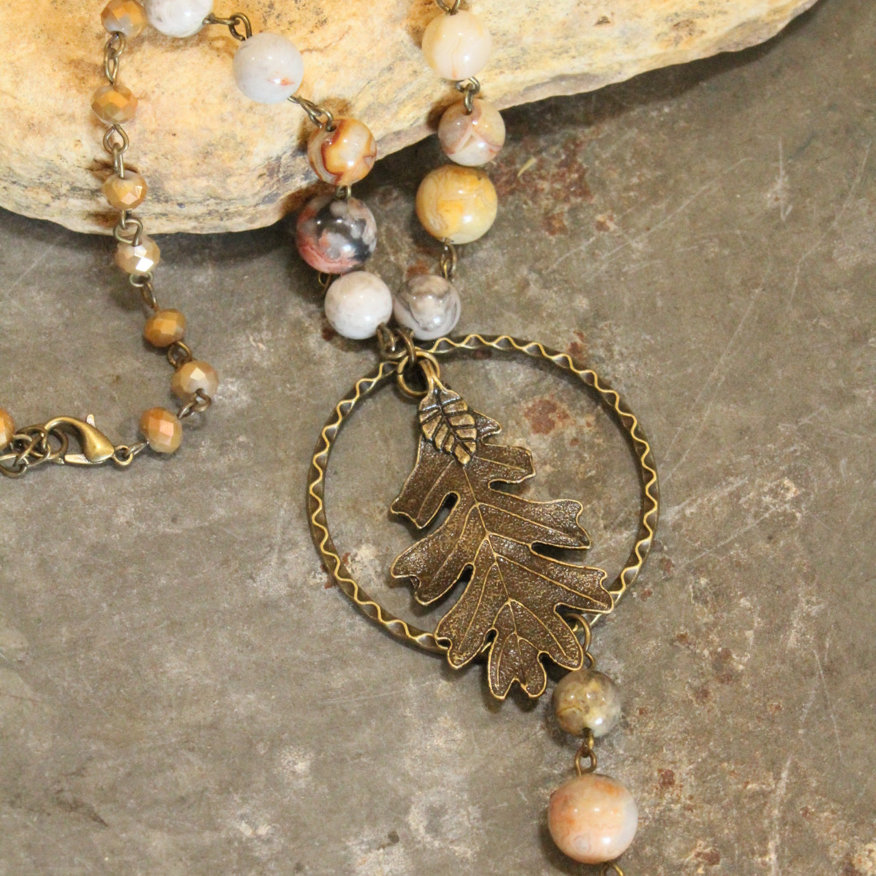 Rusty Agate Rosary Chain Fall Leaf Pendant Drop Necklace