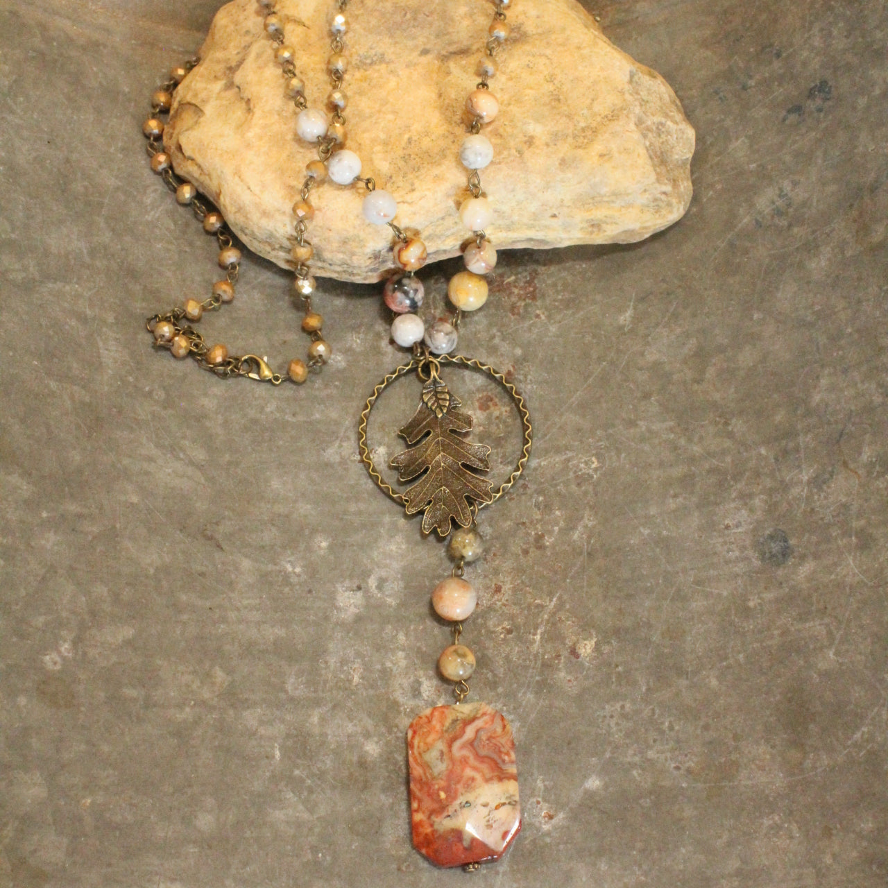 Rusty Agate Rosary Chain Fall Leaf Pendant Drop Necklace