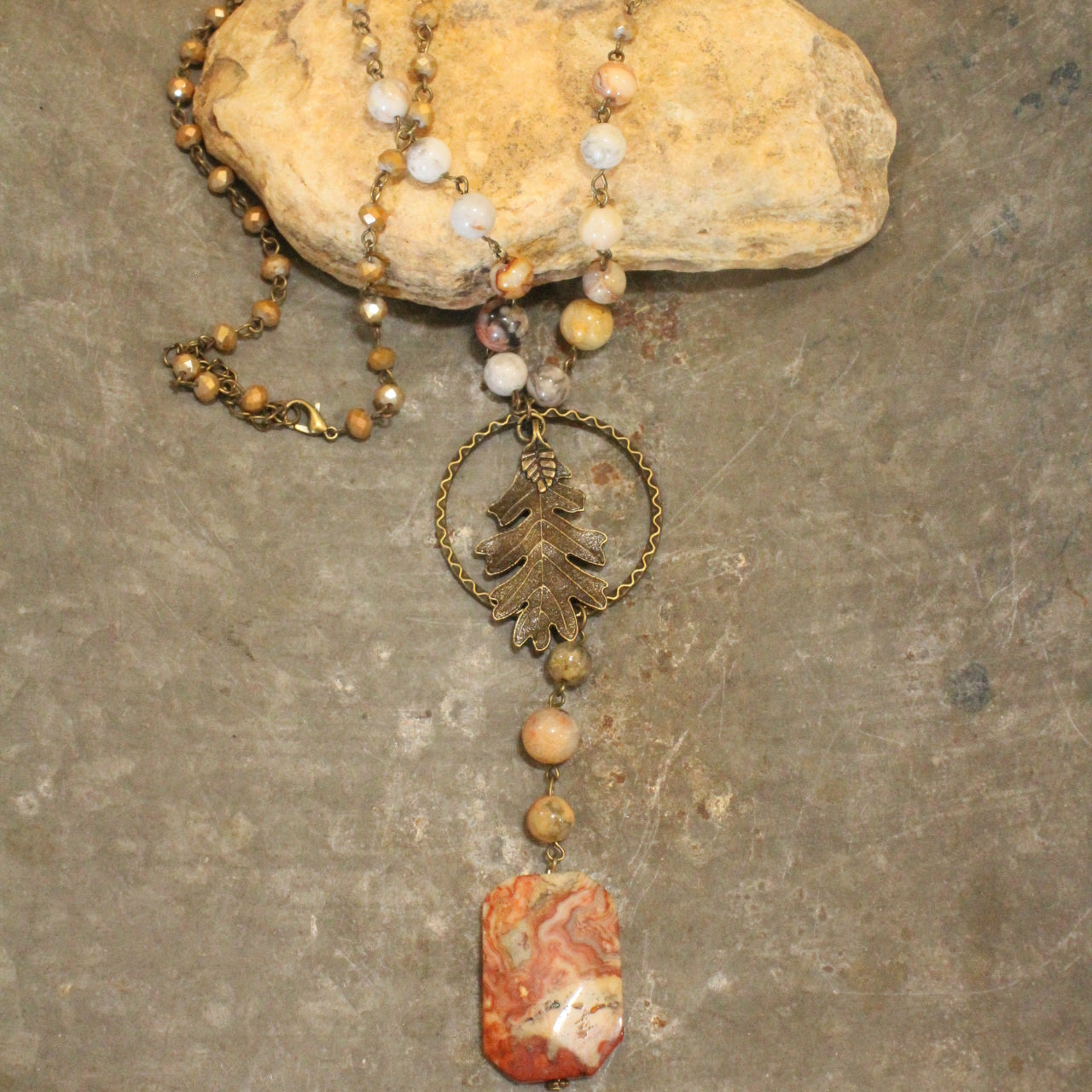 Rusty Agate Rosary Chain Fall Leaf Pendant Drop Necklace