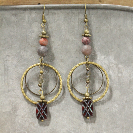 Natural Quartz, Glass & Czech Bead Hoop Earrings