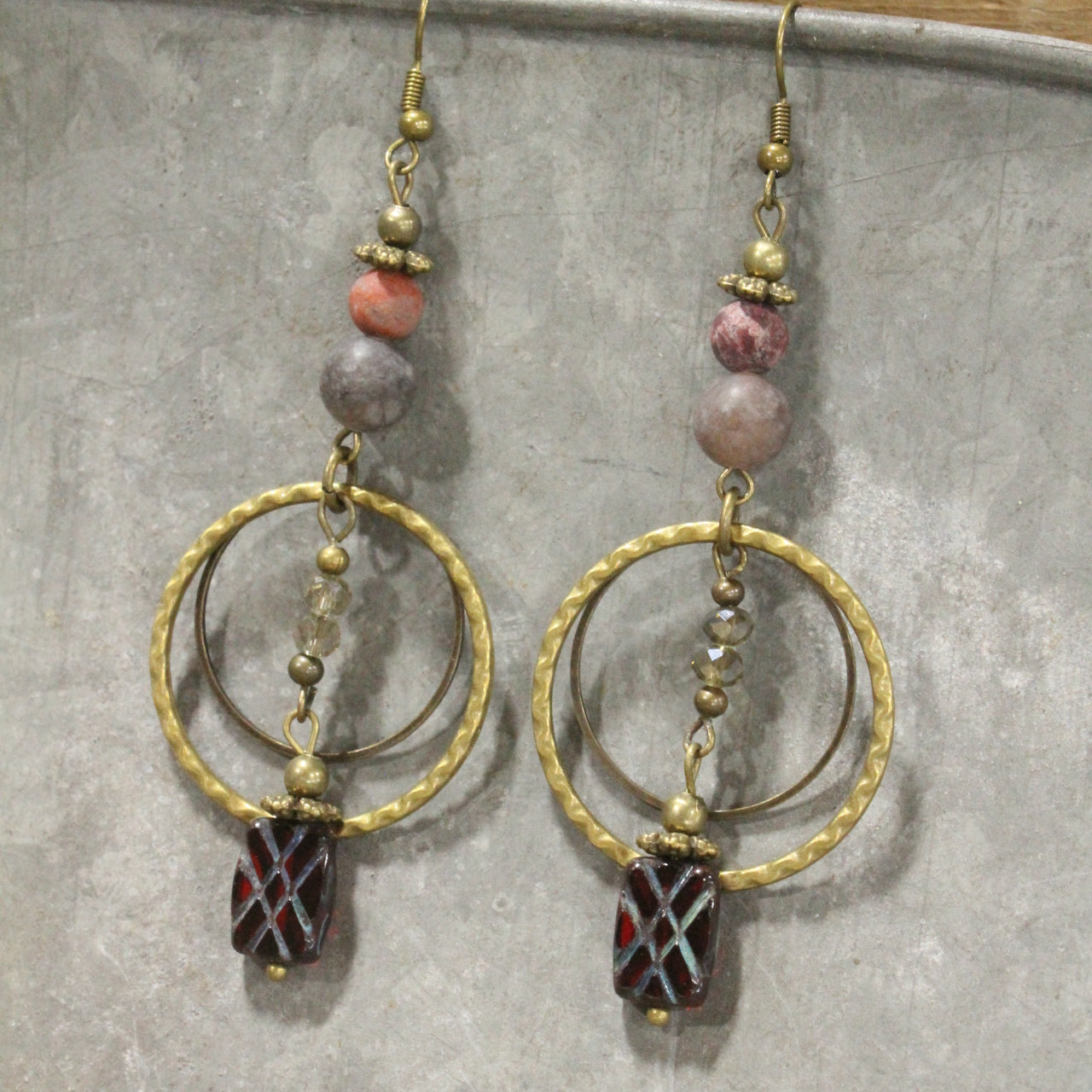 Natural Quartz, Glass & Czech Bead Hoop Earrings