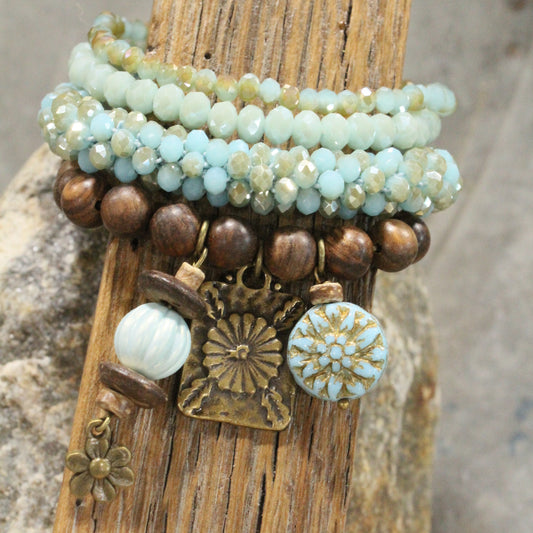 Hammered Wildflower & Czech Layered Pendant Drop Stretch Bracelet Set