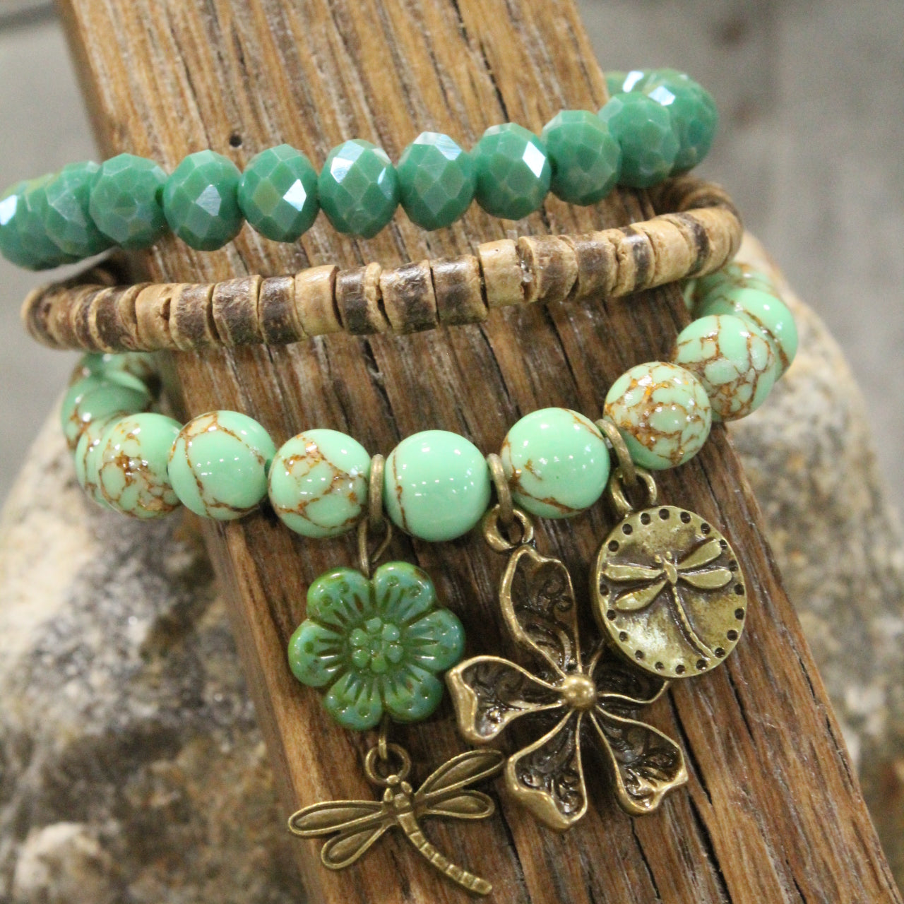 Picasso Wildflower Glass Bead Dragonfly Bracelet Set