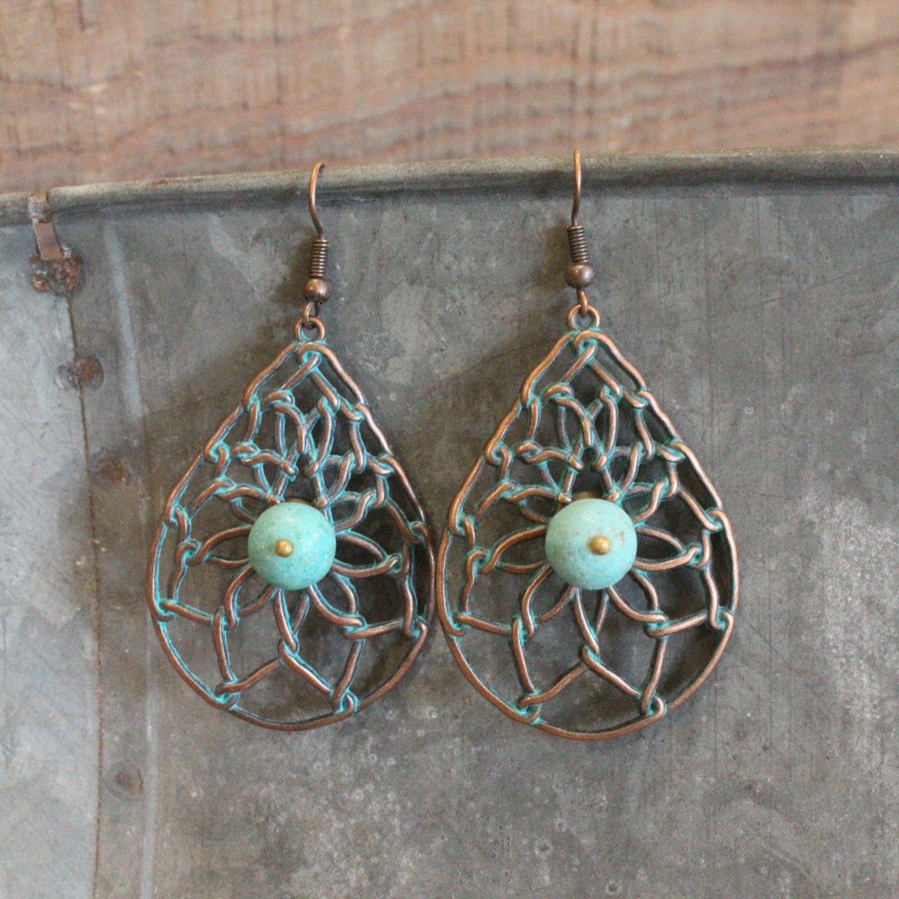 Tear Drop Patterned Verdigris Bead Earrings