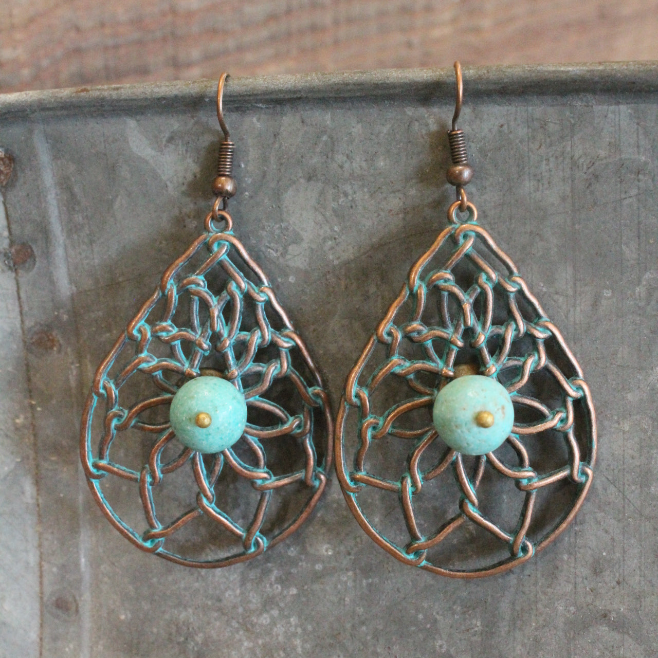 Tear Drop Patterned Verdigris Bead Earrings