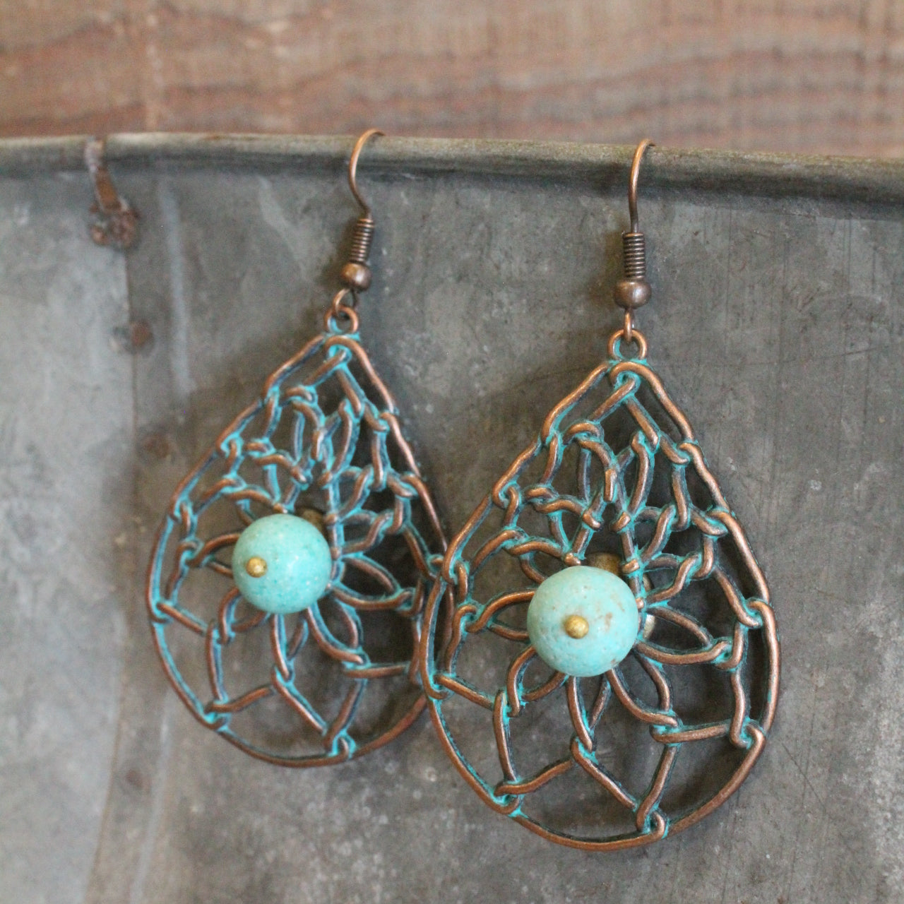 Tear Drop Patterned Verdigris Bead Earrings