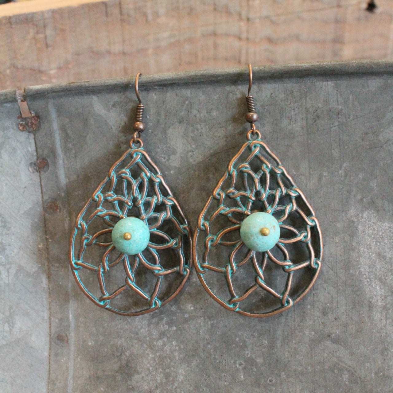 Tear Drop Patterned Verdigris Bead Earrings