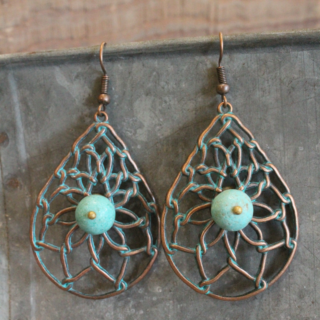 Tear Drop Patterned Verdigris Bead Earrings