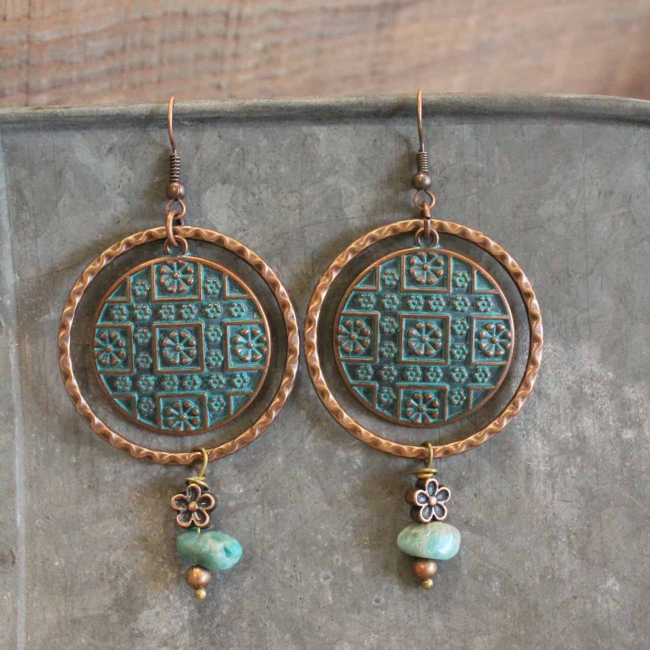 Flower Pattern Ringed Vintage Verdigris Dangle Earrings