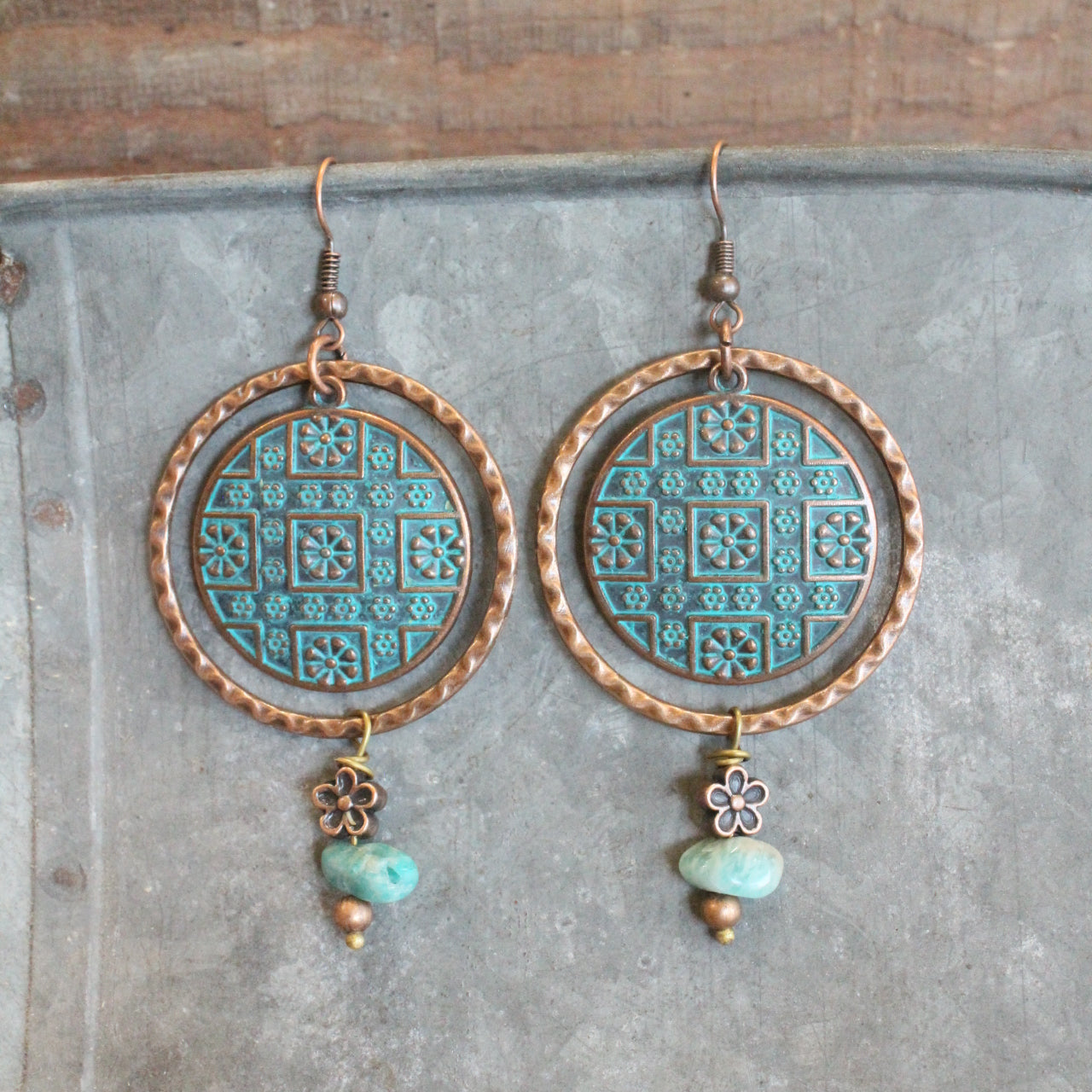 Flower Pattern Ringed Vintage Verdigris Dangle Earrings