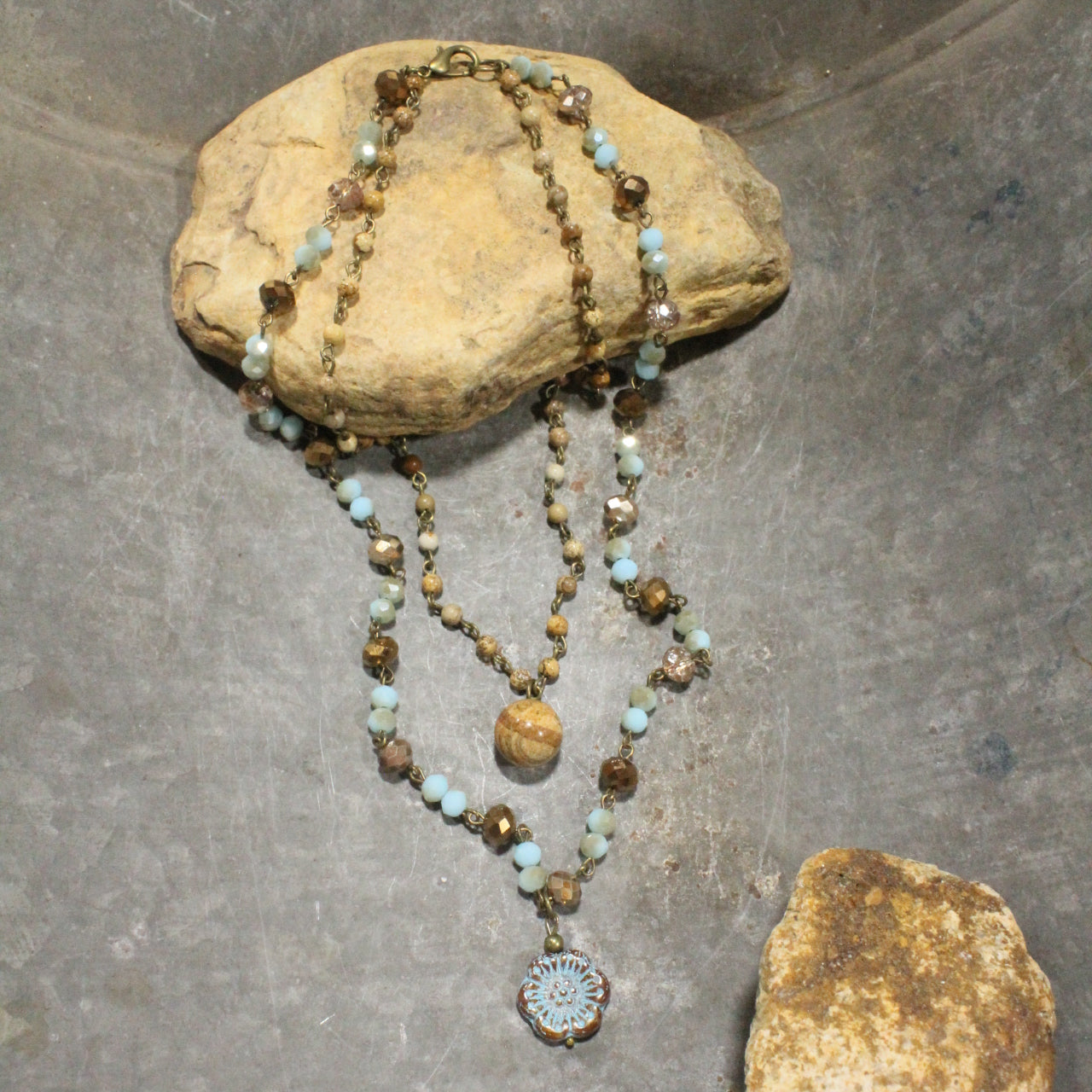 Jasper, Flower, & Czech Pendant Drop Layered Necklace