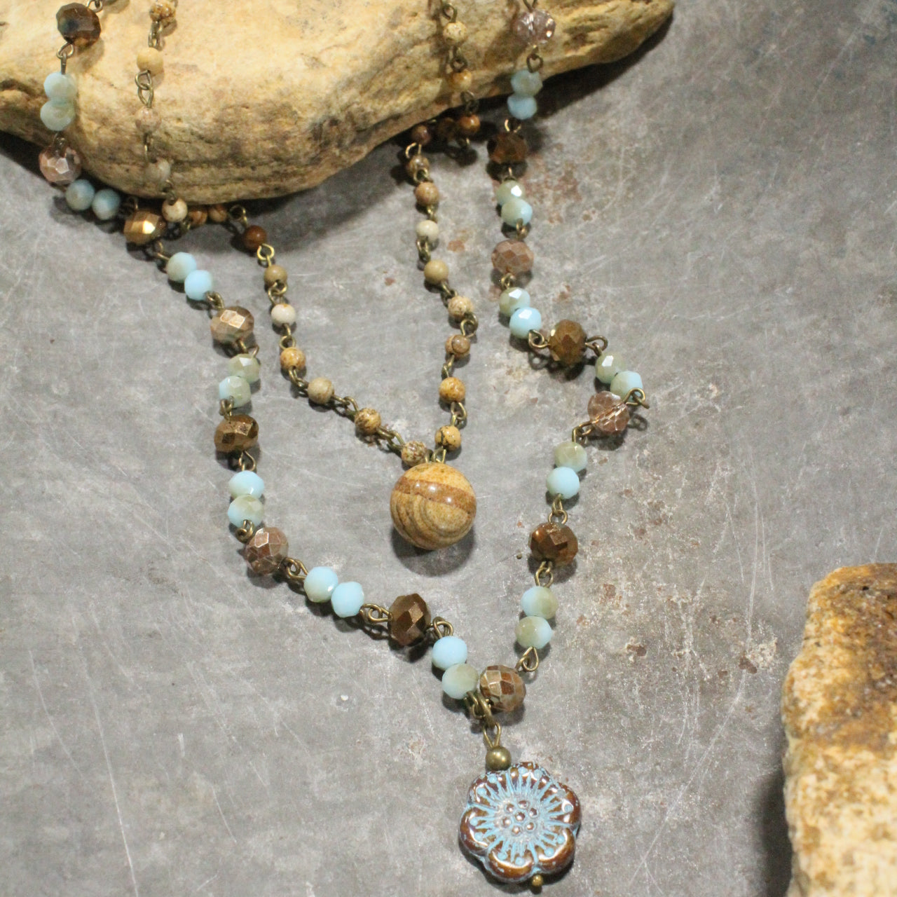 Jasper, Flower, & Czech Pendant Drop Layered Necklace