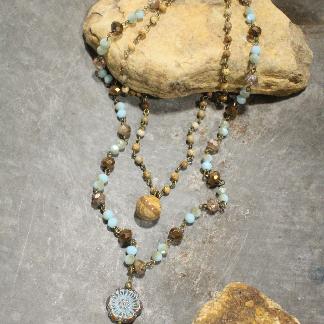 Jasper, Flower, & Czech Pendant Drop Layered Necklace