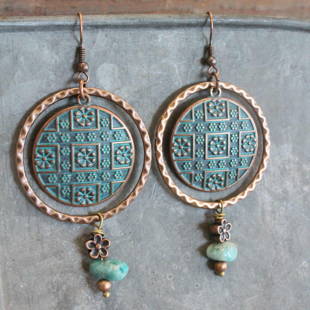 Flower Pattern Ringed Vintage Verdigris Dangle Earrings