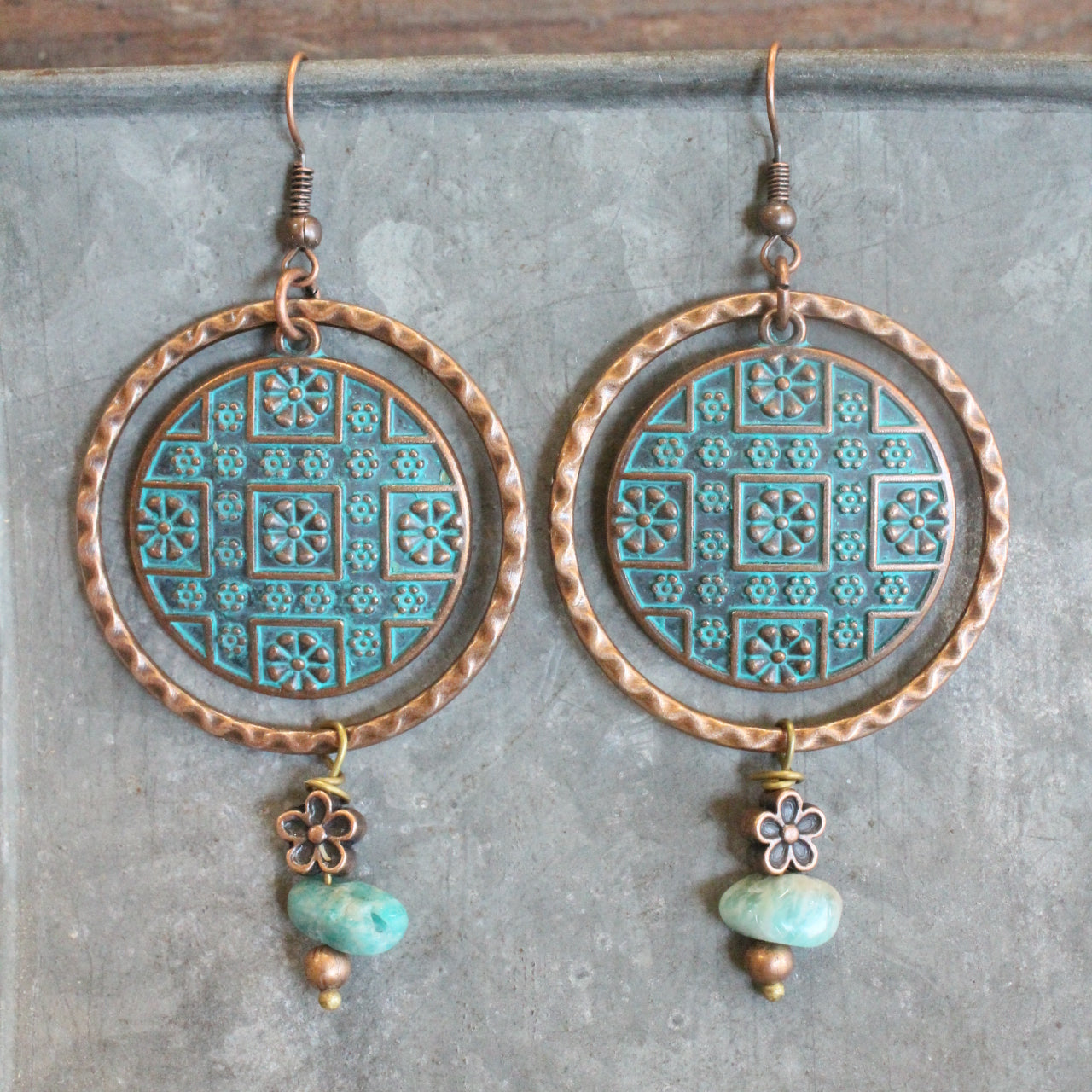 Flower Pattern Ringed Vintage Verdigris Dangle Earrings