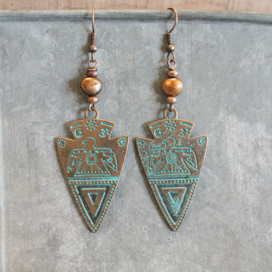 Copper Arrowhead & Verdigris Dangle Earrings