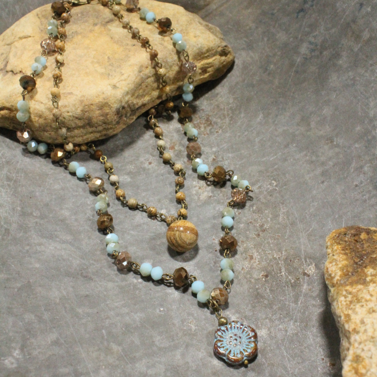 Jasper, Flower, & Czech Pendant Drop Layered Necklace