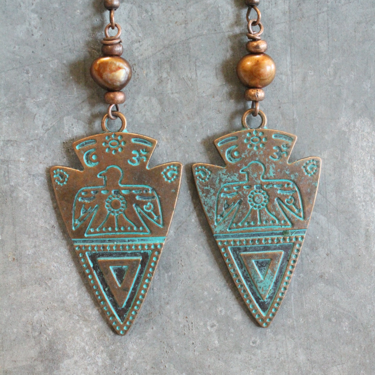 Copper Arrowhead & Verdigris Dangle Earrings