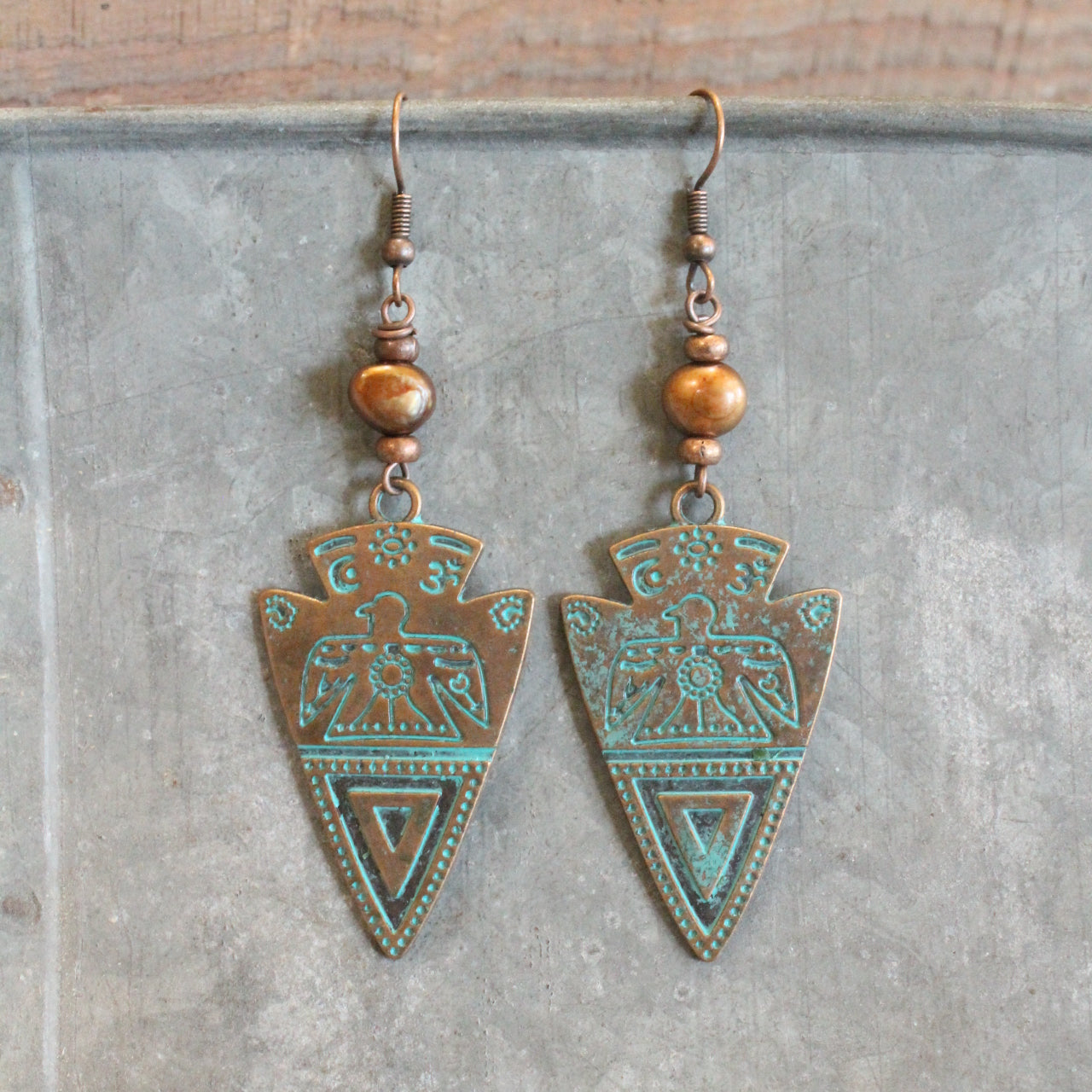 Copper Arrowhead & Verdigris Dangle Earrings