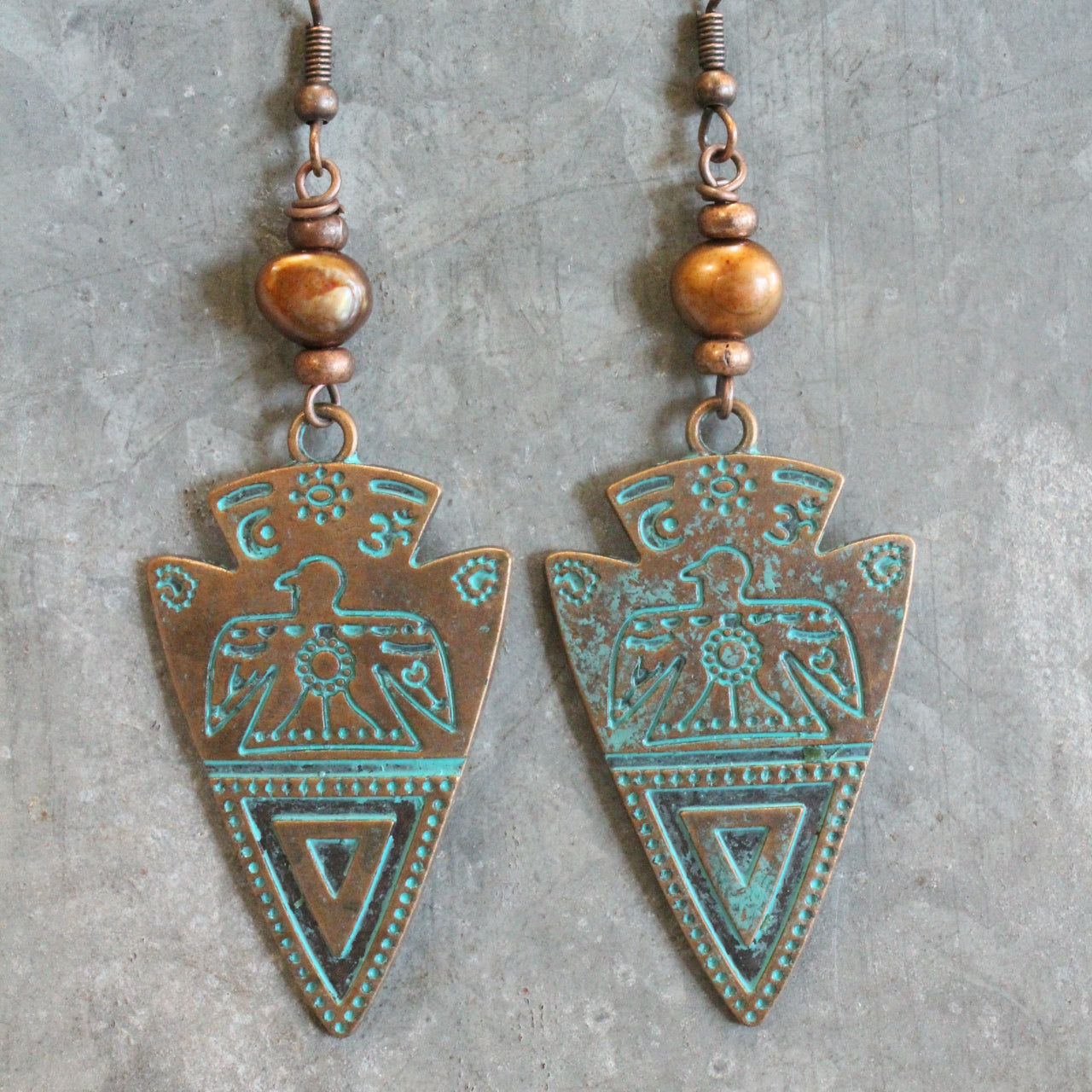 Copper Arrowhead & Verdigris Dangle Earrings