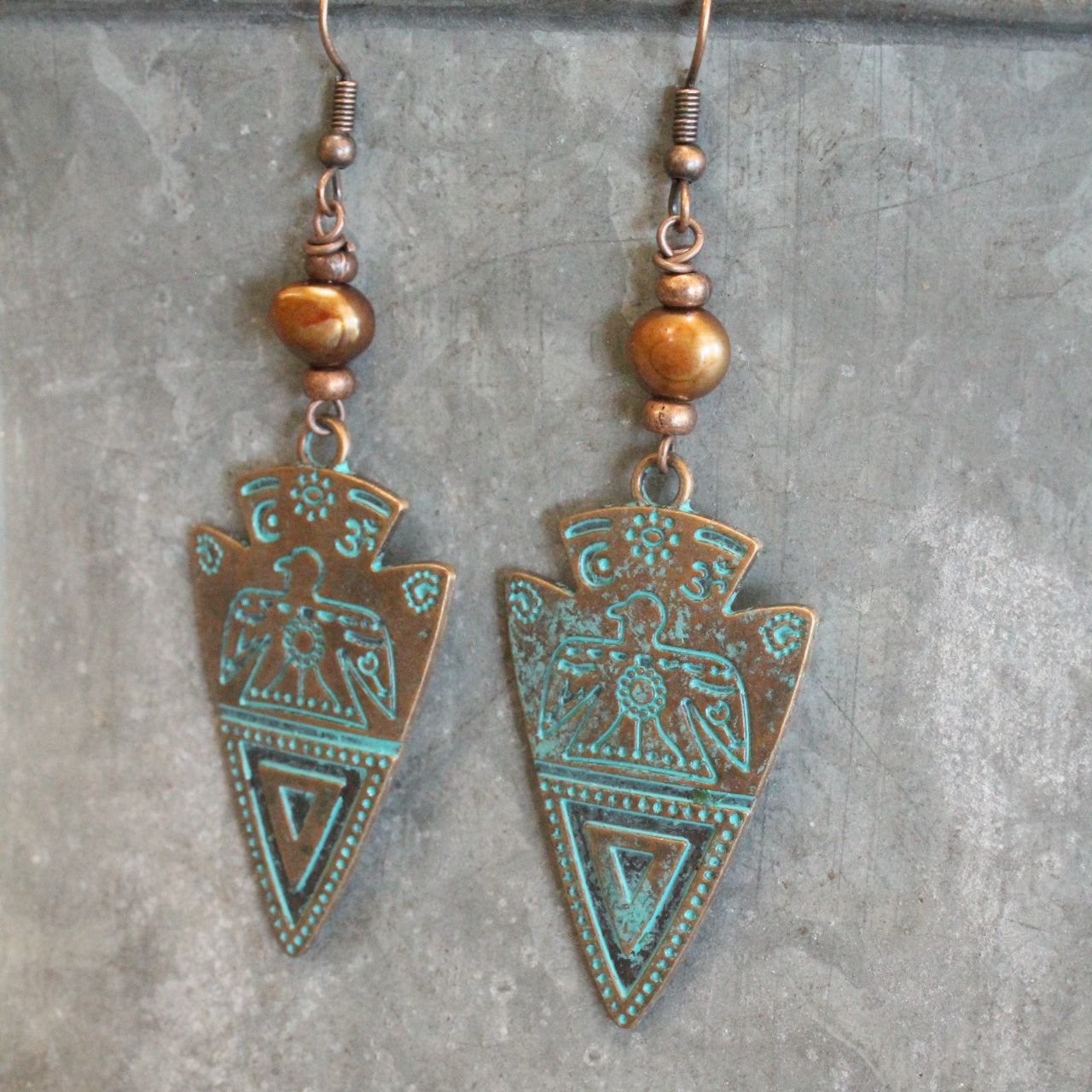 Copper Arrowhead & Verdigris Dangle Earrings