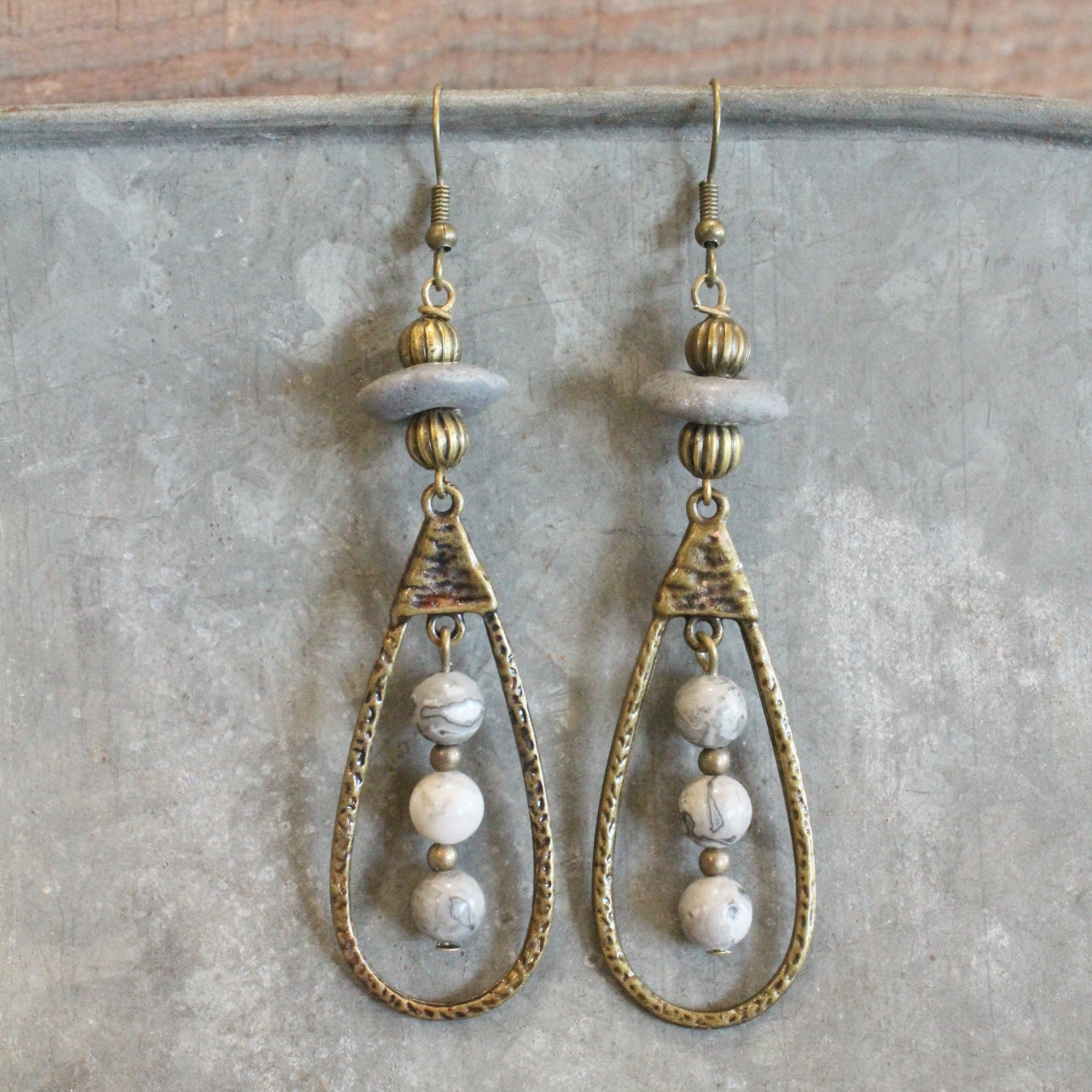 Bronze & Grey Stone Pendant Drop Earrings