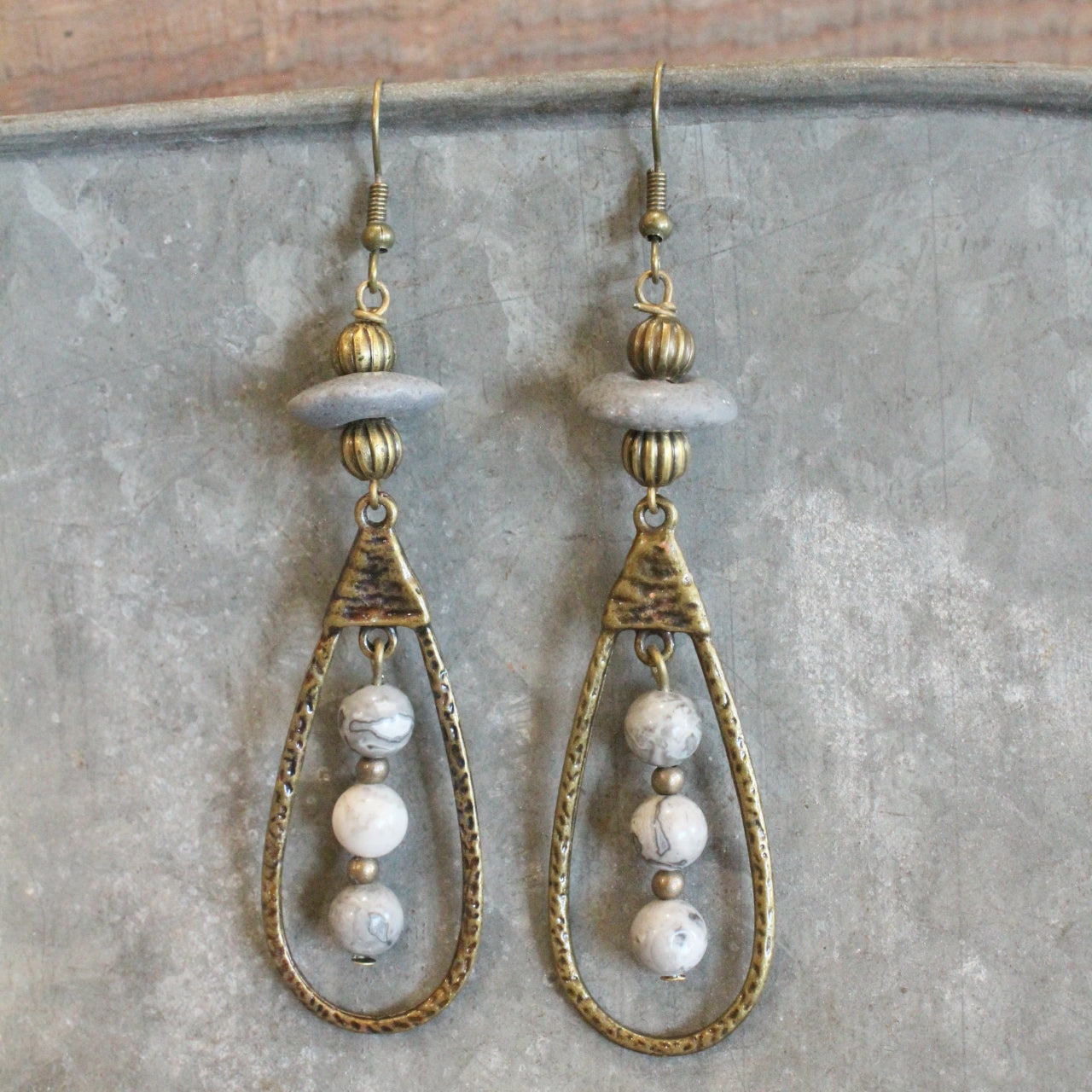 Bronze & Grey Stone Pendant Drop Earrings