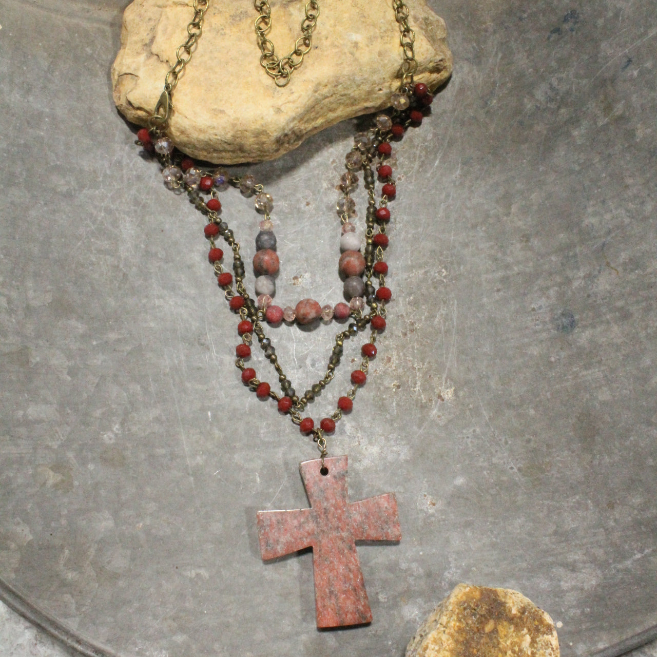 Vintage Rosary Chain Pendant Cross Layered Necklace Set