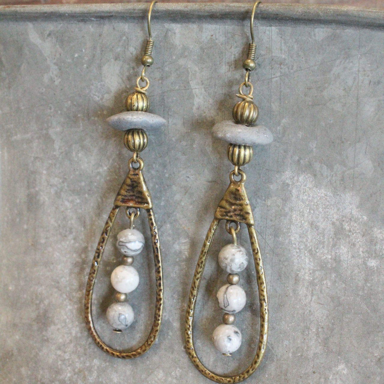 Bronze & Grey Stone Pendant Drop Earrings