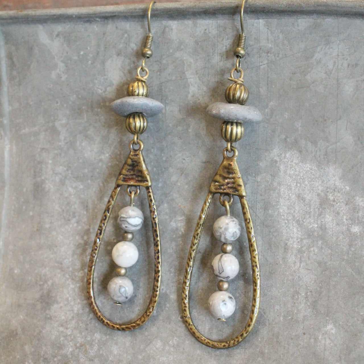 Bronze & Grey Stone Pendant Drop Earrings