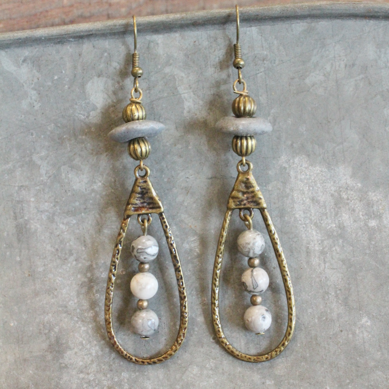 Bronze & Grey Stone Pendant Drop Earrings