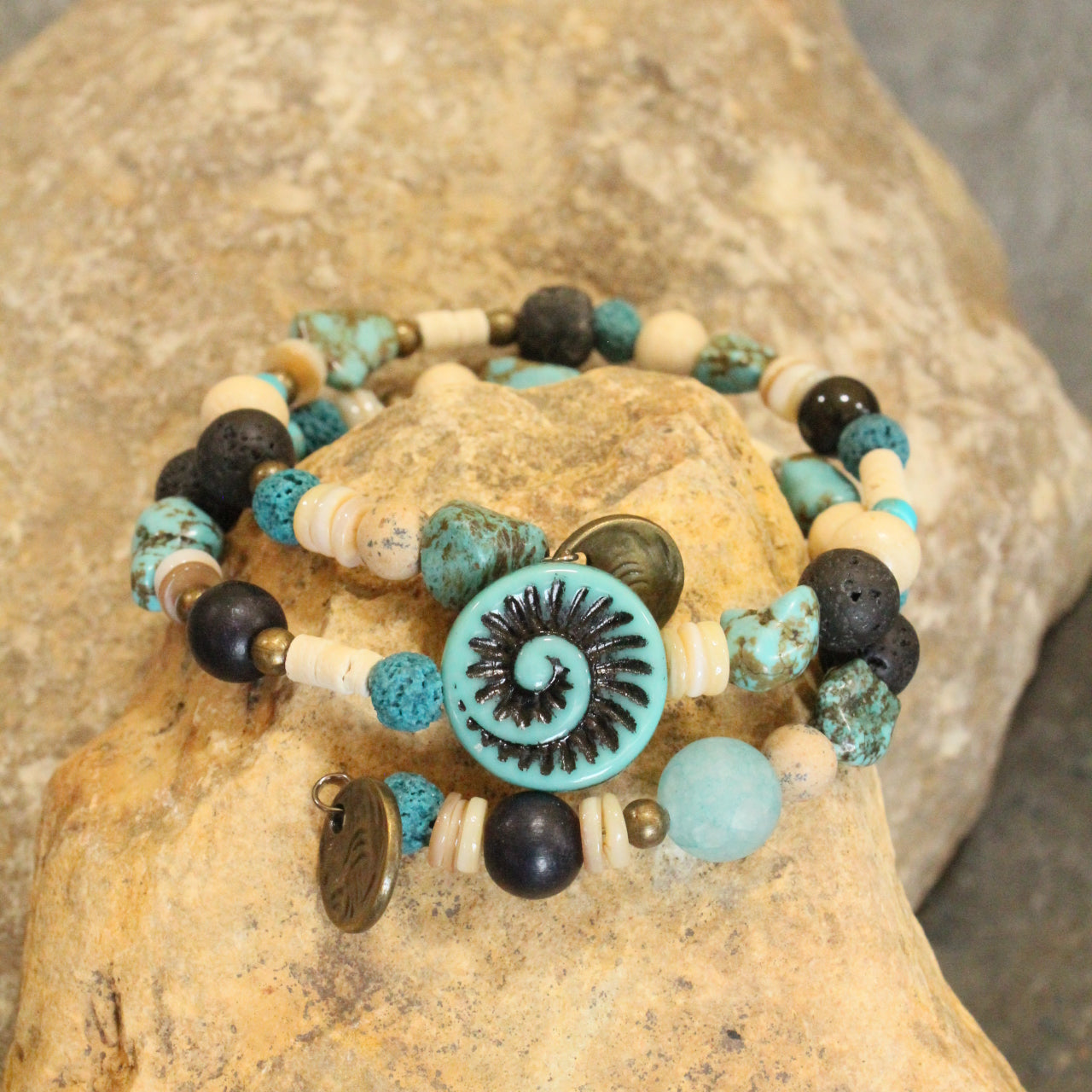 Multi-Colored Natural Stones & Fossil Czech Pendant Wrap Bracelet