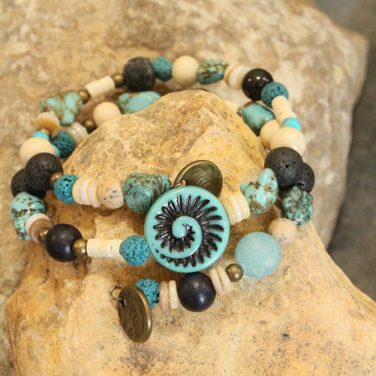 Multi-Colored Natural Stones & Fossil Czech Pendant Wrap Bracelet