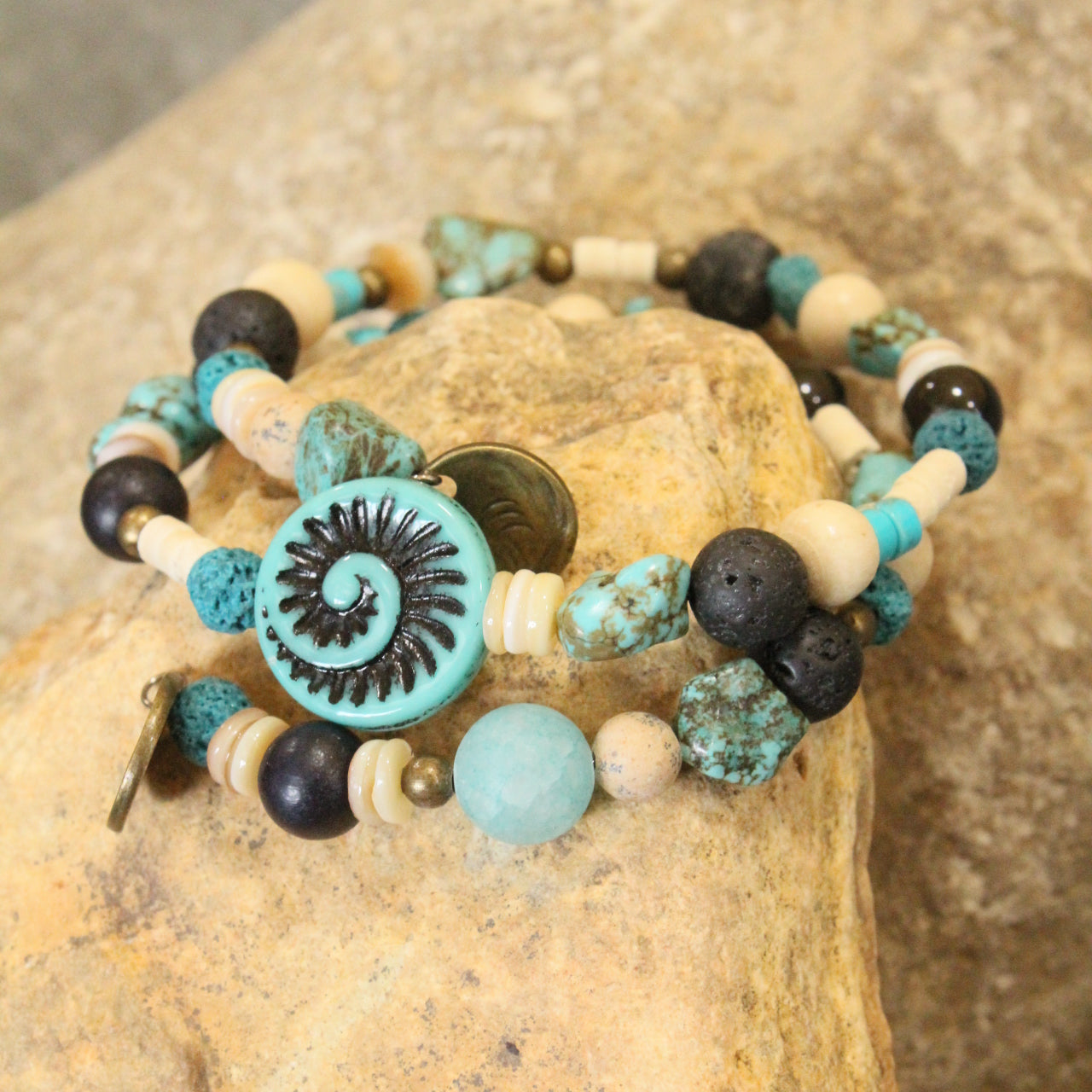 Multi-Colored Natural Stones & Fossil Czech Pendant Wrap Bracelet