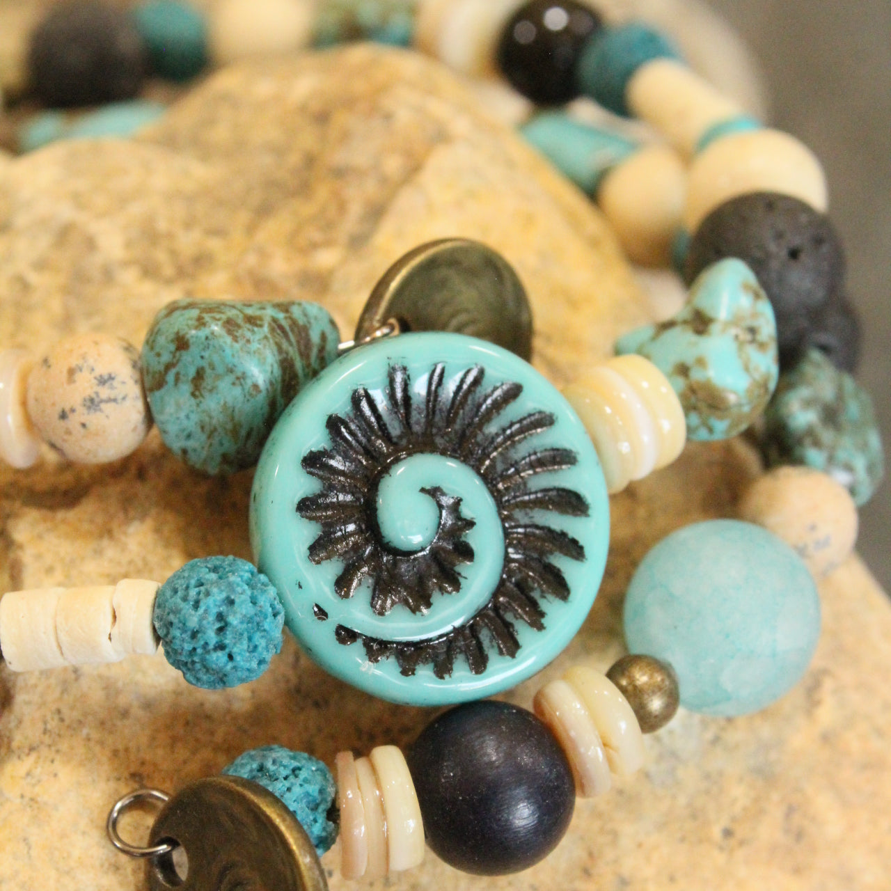 Multi-Colored Natural Stones & Fossil Czech Pendant Wrap Bracelet