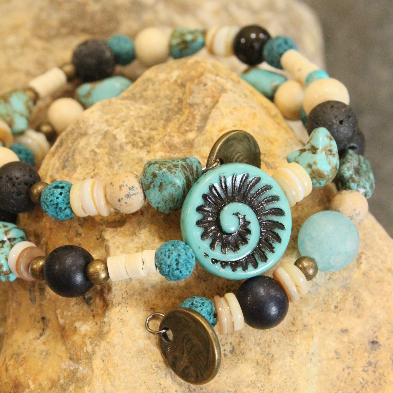 Multi-Colored Natural Stones & Fossil Czech Pendant Wrap Bracelet