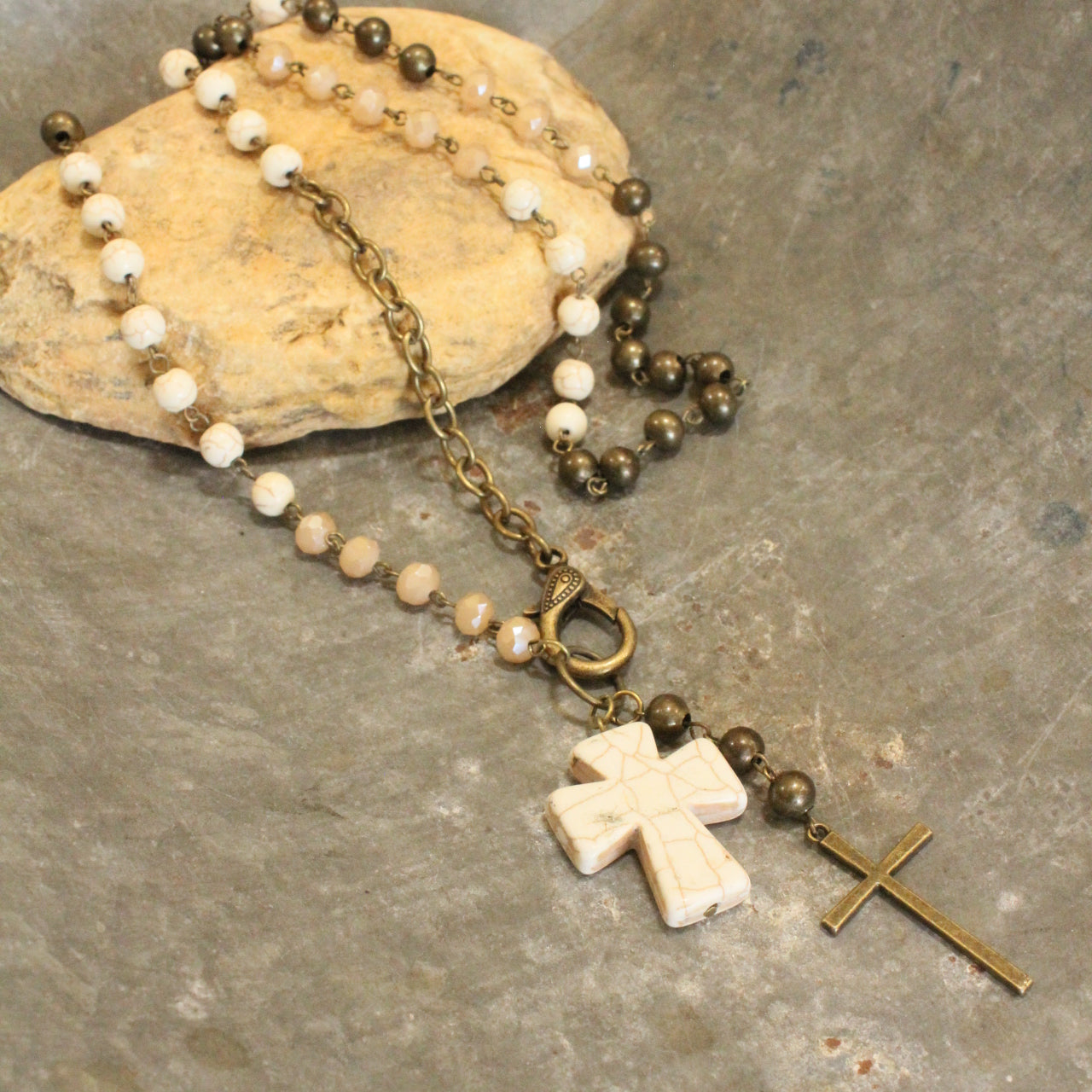 Cross Pendant Drop With White Turquoise Stone Necklace