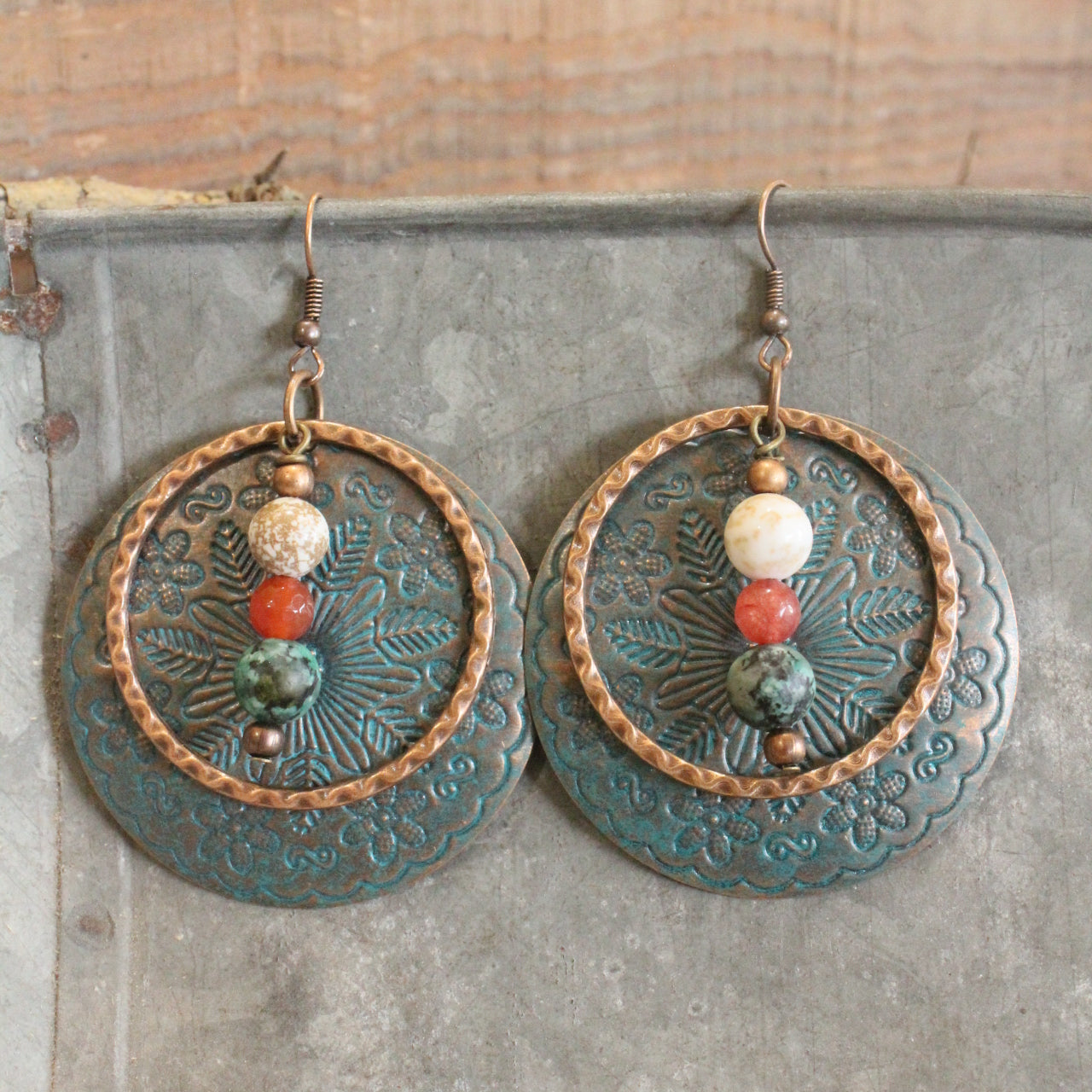 Multi-Colored Natural Stones & Patina Coin Drop Pendant Earrings