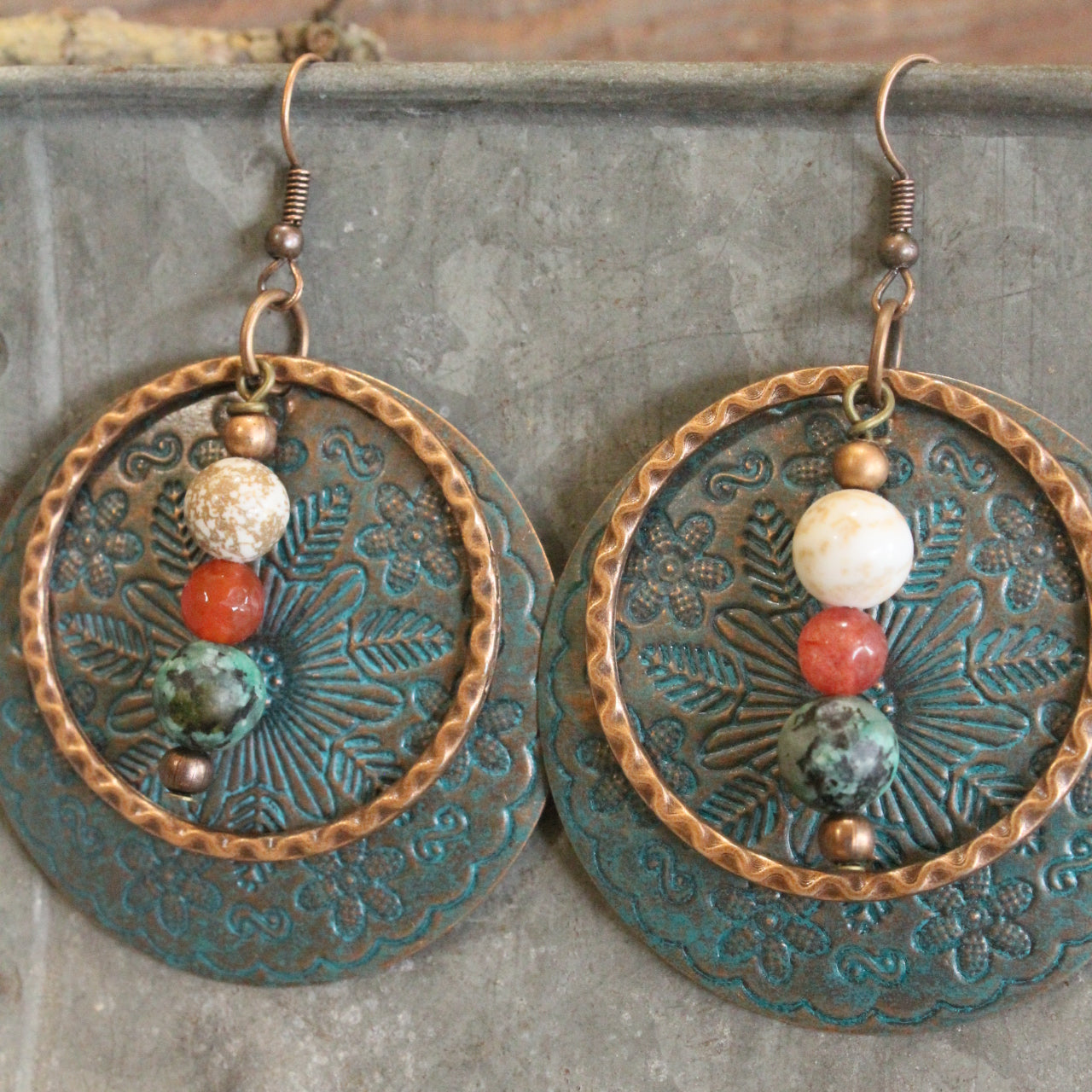 Multi-Colored Natural Stones & Patina Coin Drop Pendant Earrings