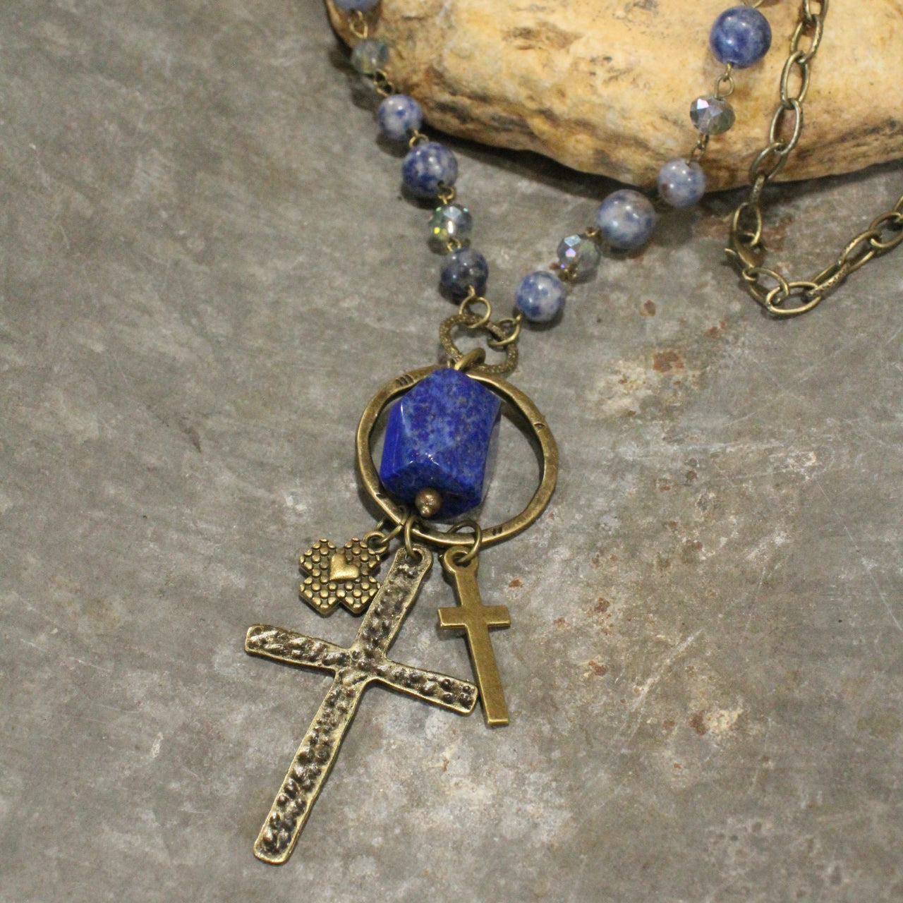 Cross Pendant Drop Lapis Lazuli Stone Necklace