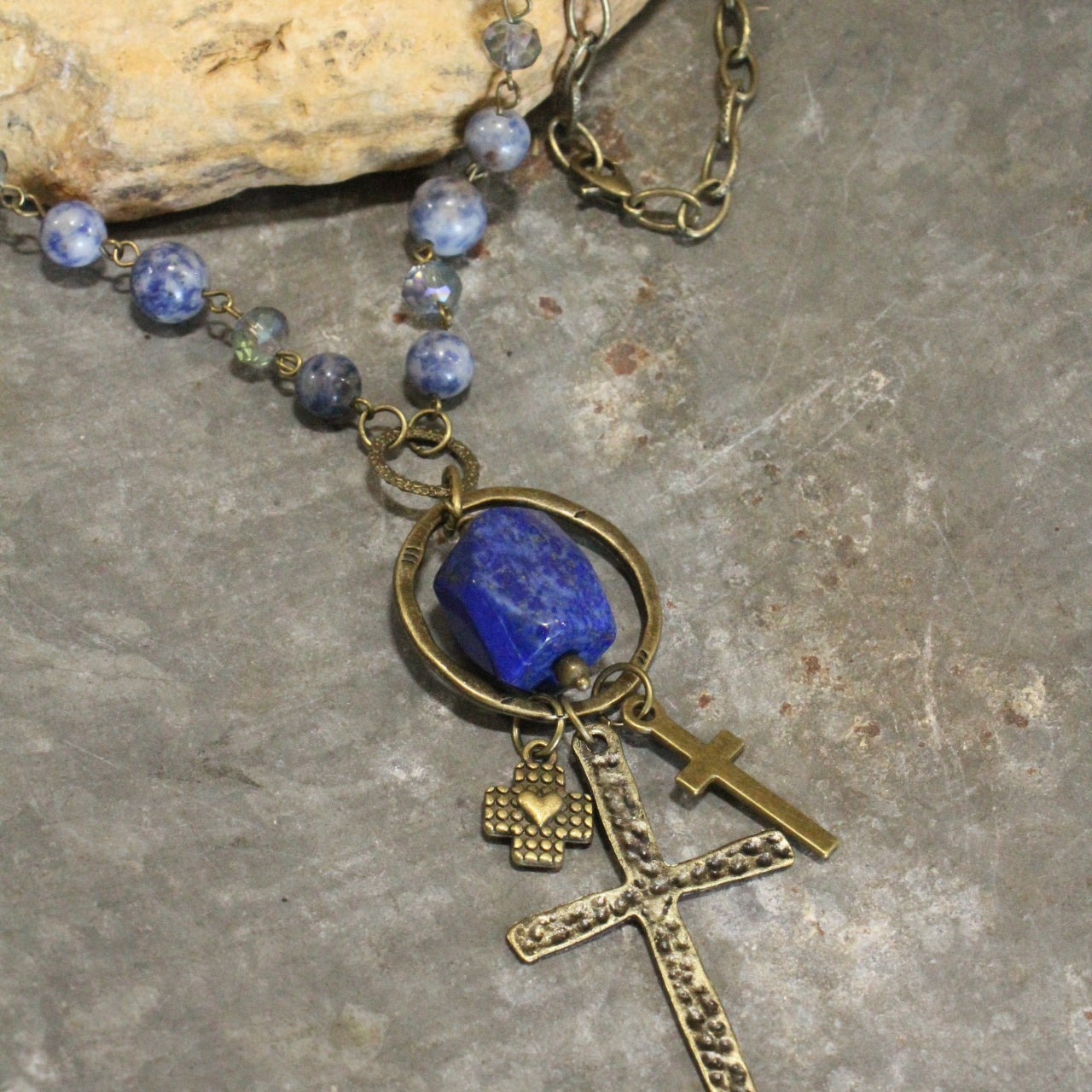 Cross Pendant Drop Lapis Lazuli Stone Necklace