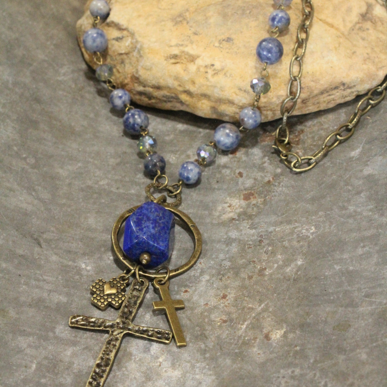 Cross Pendant Drop Lapis Lazuli Stone Necklace