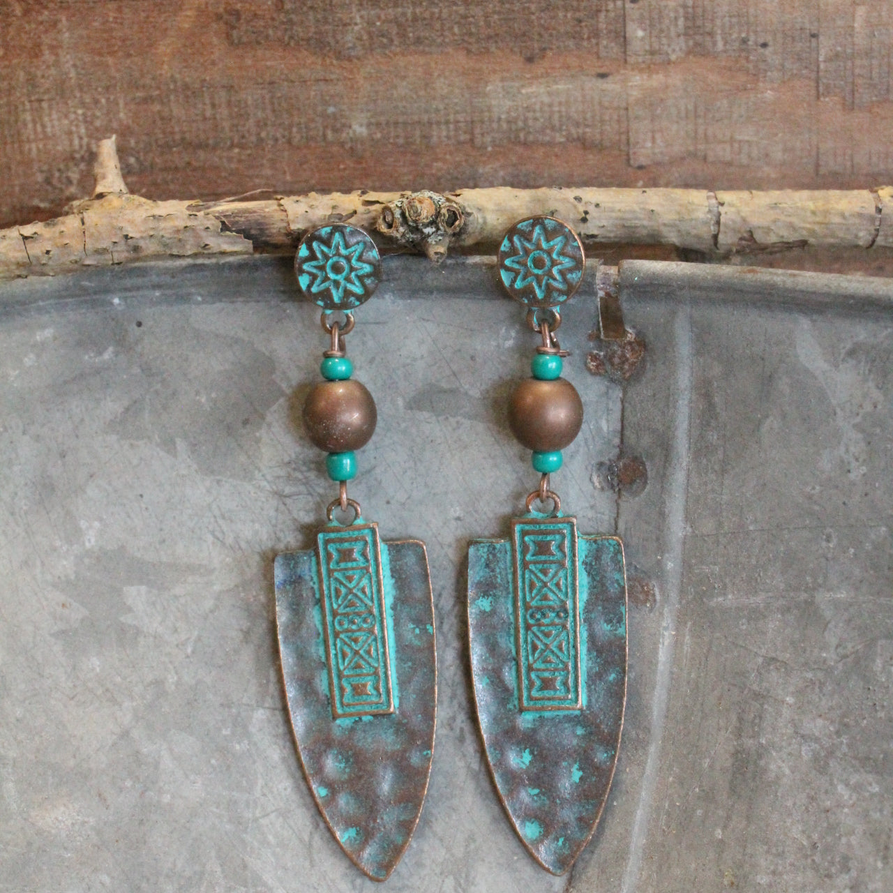 Aztec Vinca Verdigris Bead Earrings